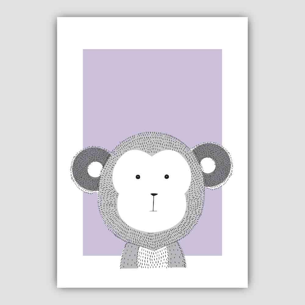 Monkey Sketch Style Nursery Lilac Poster