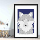 Wolf Sketch Style Nursery Navy Blue Poster
