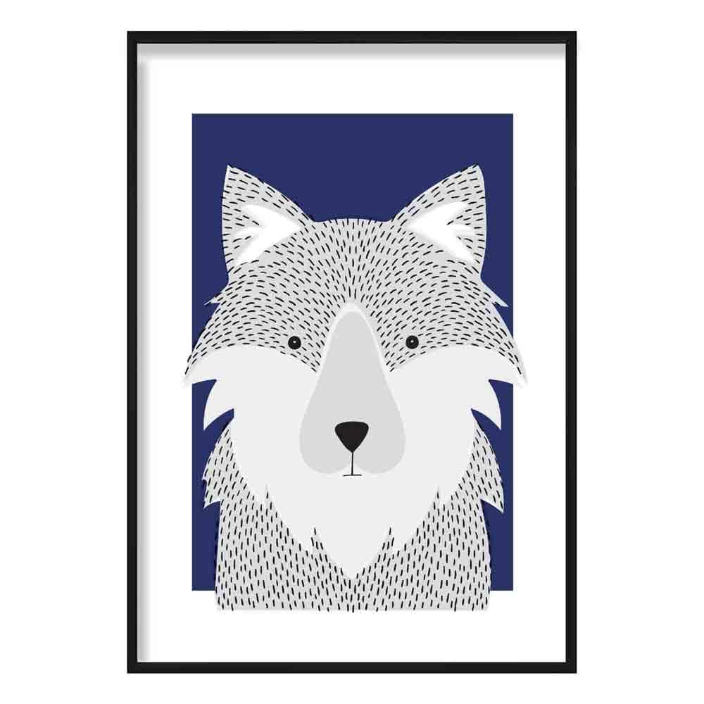 Wolf Sketch Style Nursery Navy Blue Poster