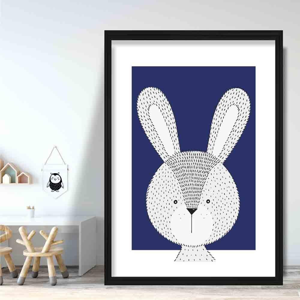 Rabbit Sketch Style Nursery Navy Blue Poster