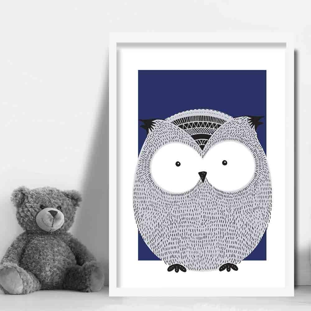 Owl Sketch Style Nursery Navy Blue Poster