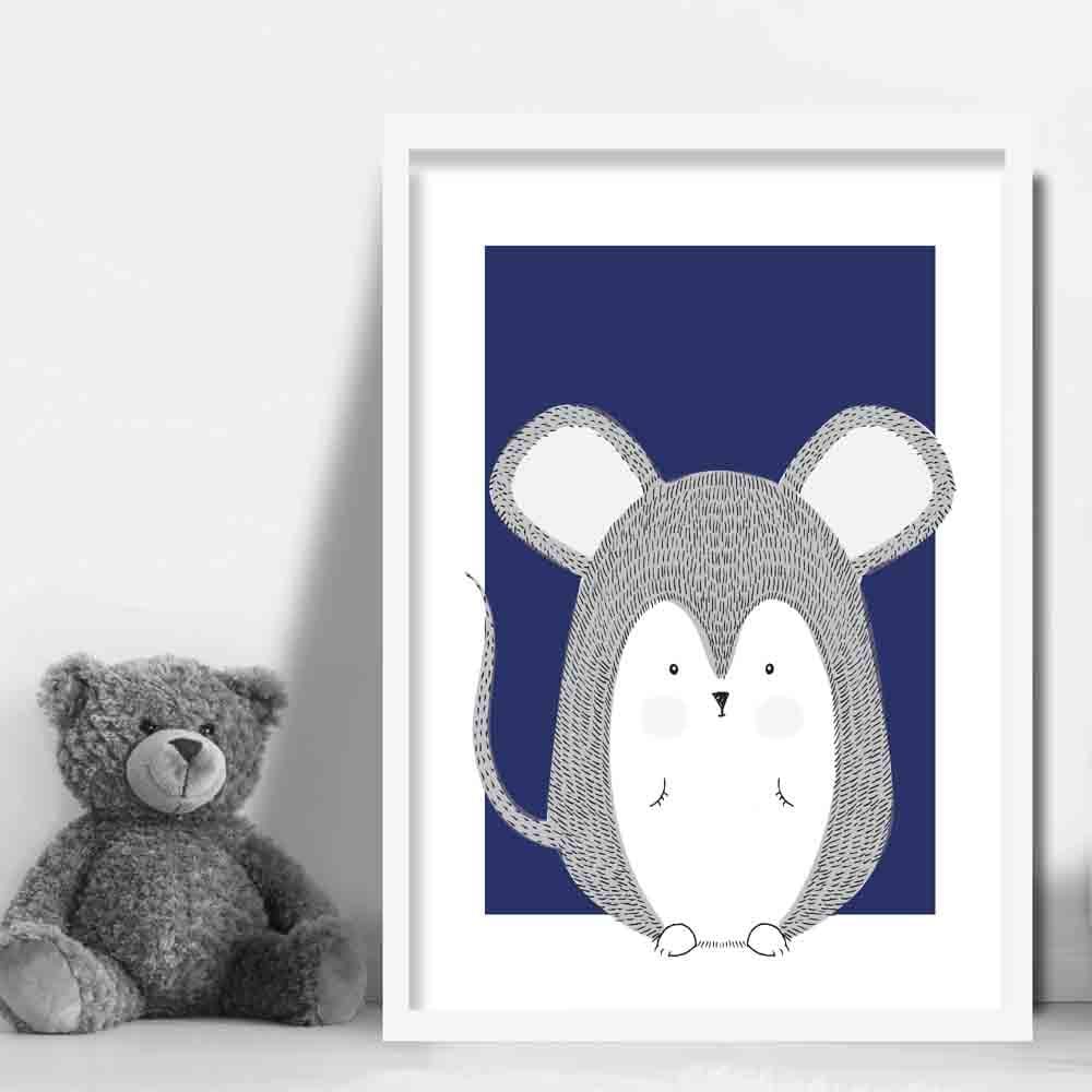 Mouse Sketch Style Nursery Navy Blue Poster