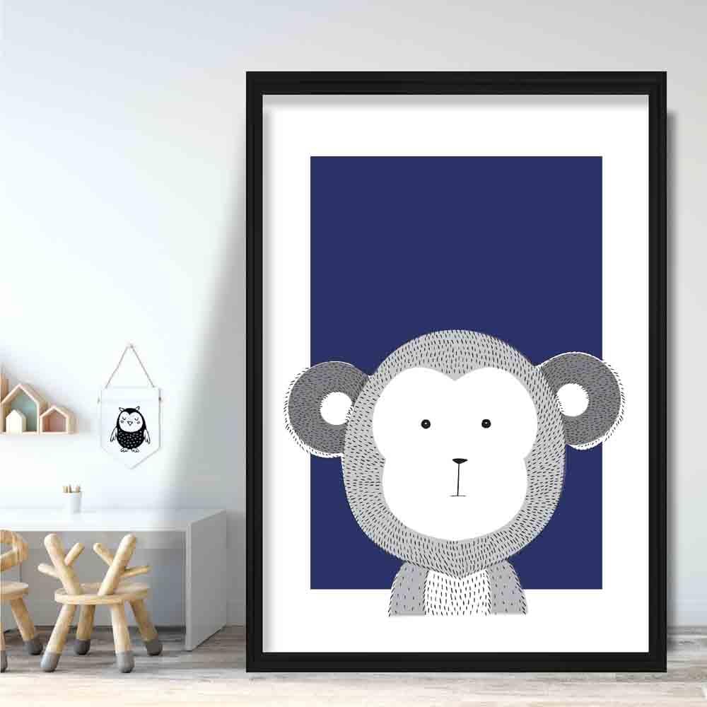 Monkey Sketch Style Nursery Navy Blue Poster