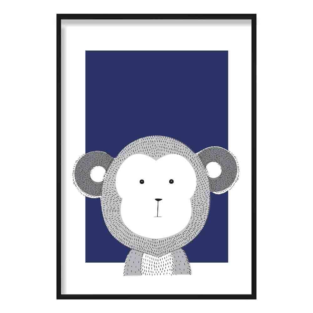 Monkey Sketch Style Nursery Navy Blue Poster