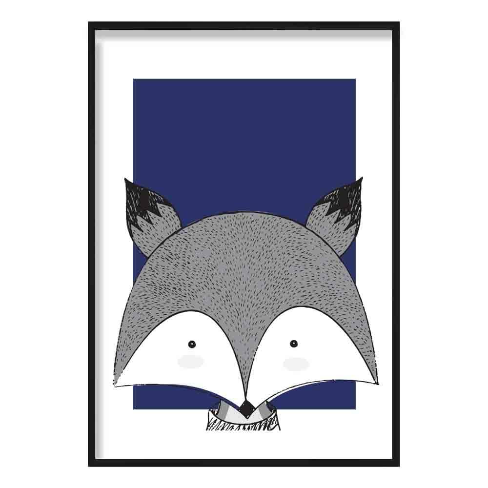 Fox Sketch Style Nursery Navy Blue Poster