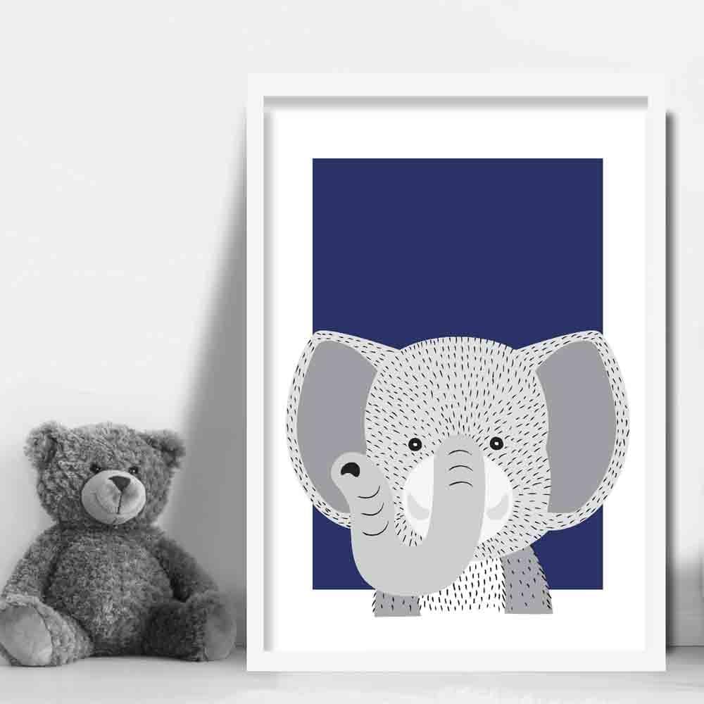 Elephant Sketch Style Nursery Navy Blue Poster