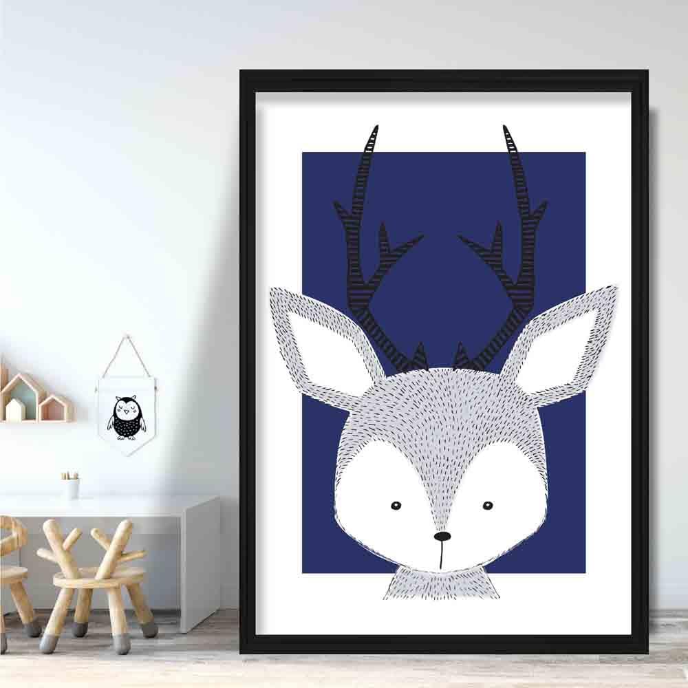 Deer Sketch Style Nursery Navy Blue Poster