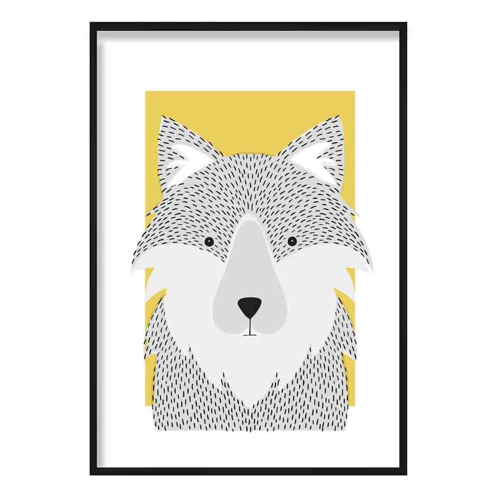 Wolf Sketch Style Nursery Yellow Poster