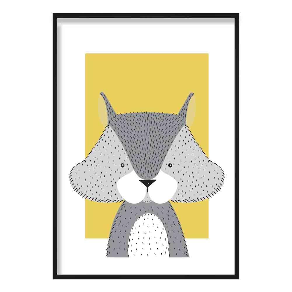 Squirrel Sketch Style Nursery Yellow Poster