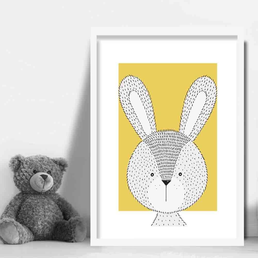 Rabbit Sketch Style Nursery Yellow Poster