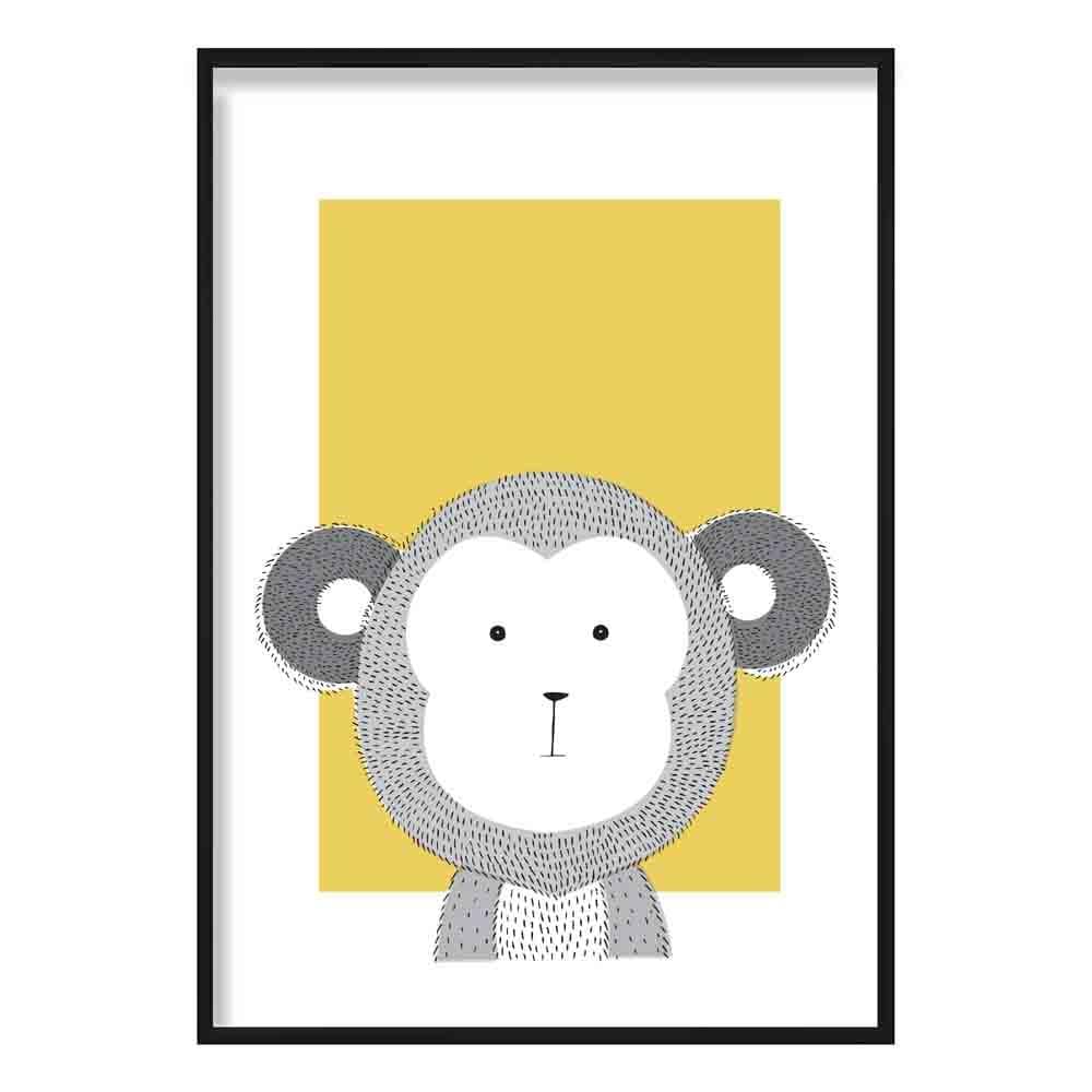 Monkey Sketch Style Nursery Yellow Poster