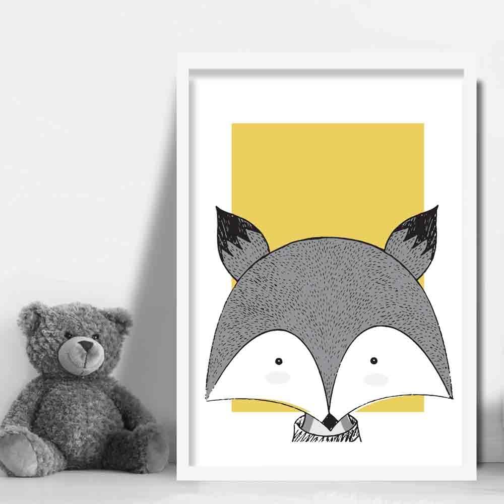 Fox Sketch Style Nursery Yellow Poster