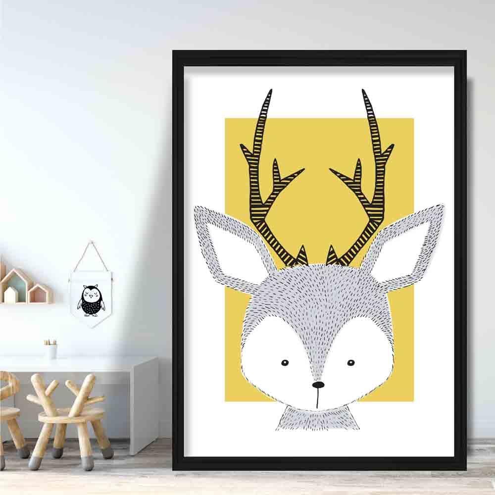 Deer Sketch Style Nursery Yellow Poster