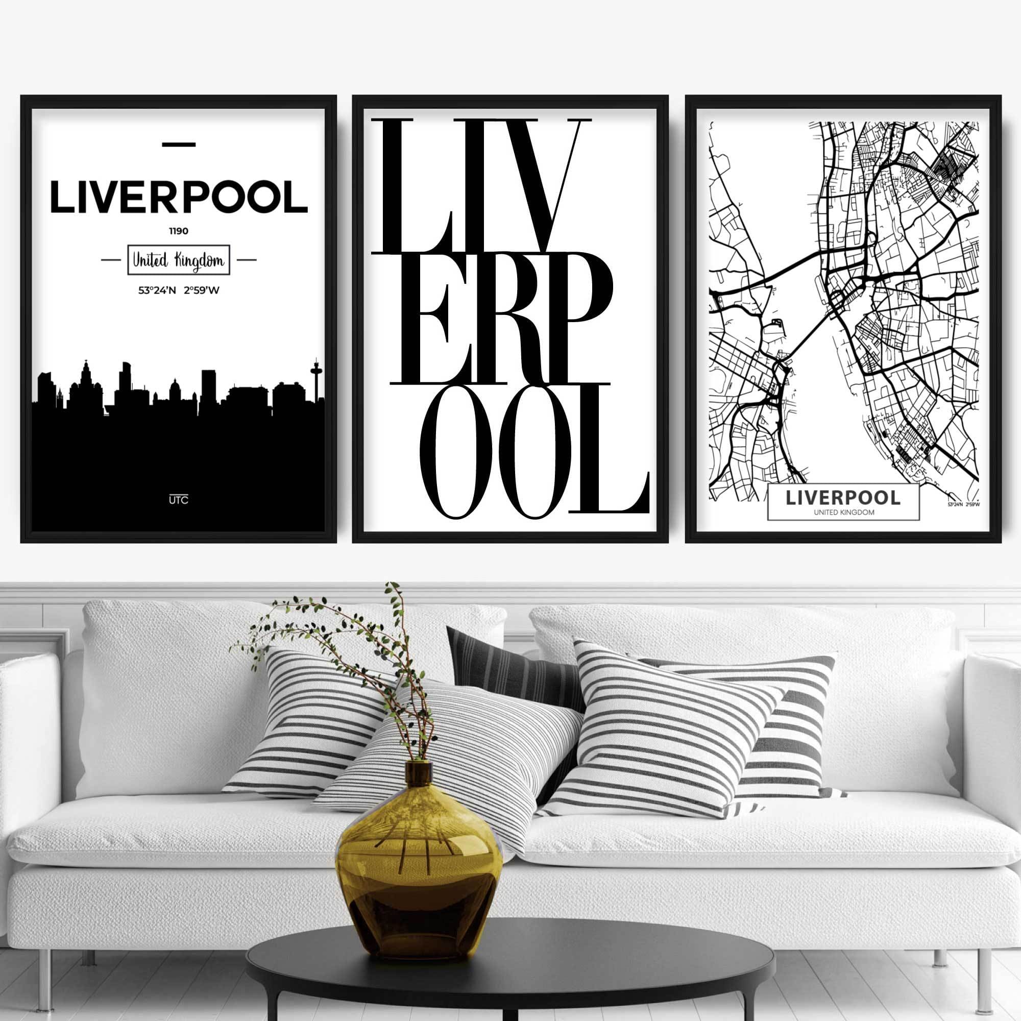 Set of 3 LIVERPOOL Skyline Street map City Prints