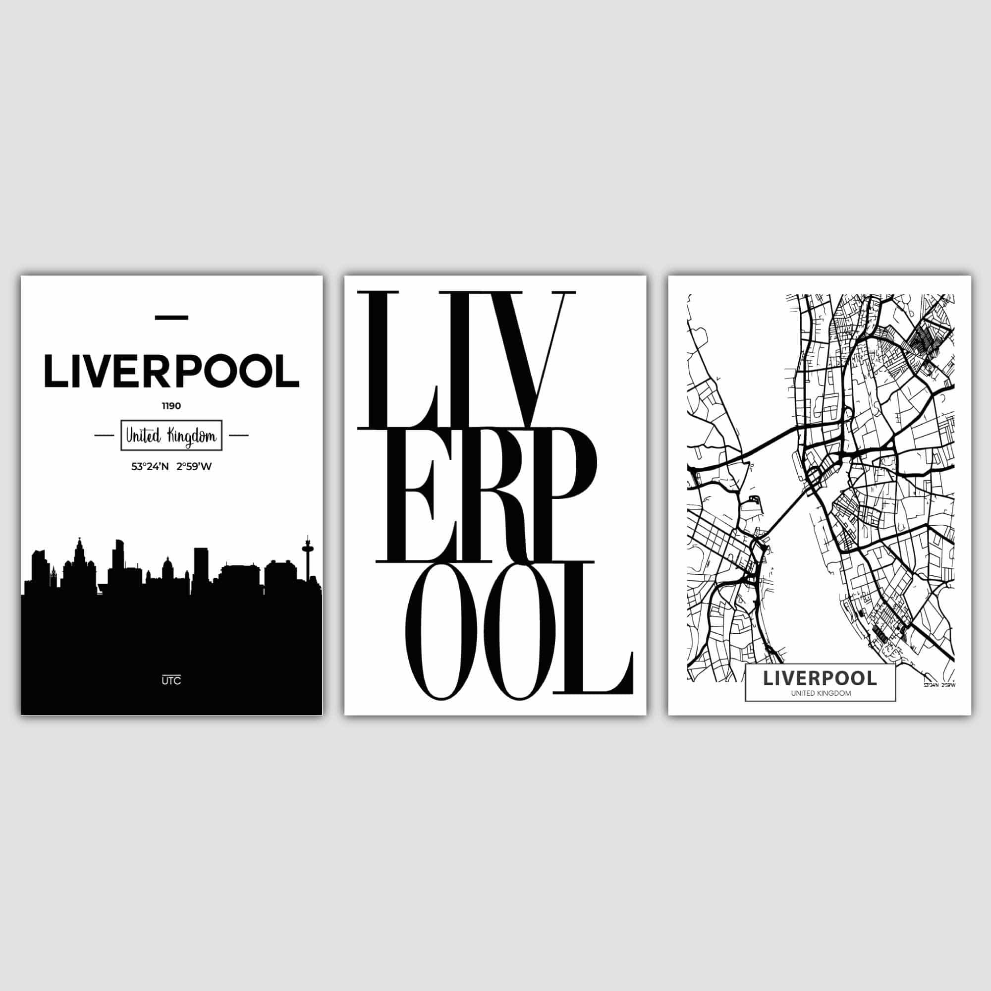 Set of 3 LIVERPOOL Skyline Street map City Prints
