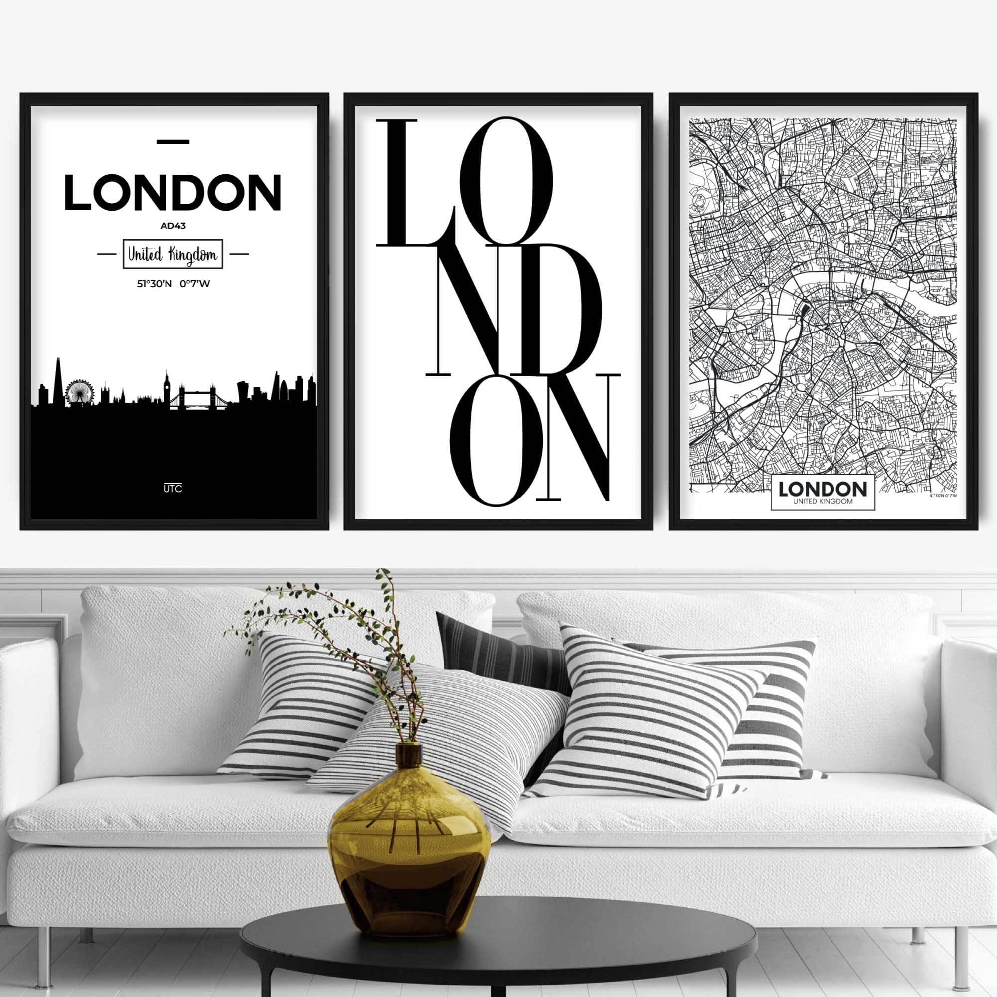 Set of 3 LONDON Skyline Street map City Prints