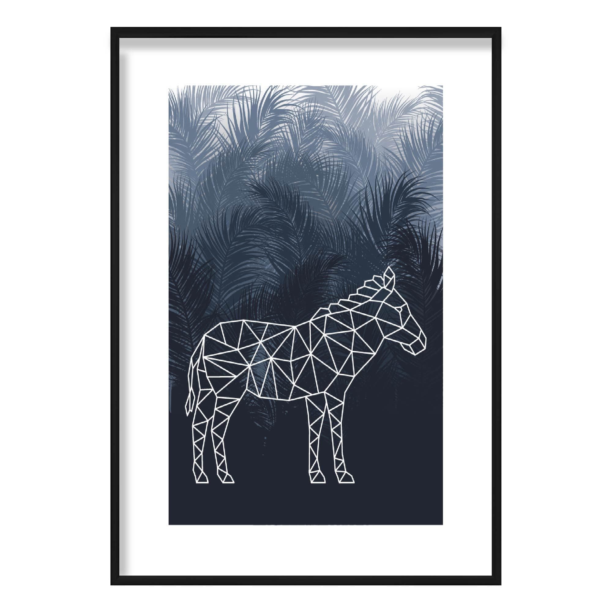 Geometric Zebra with Navy Palms Art Print