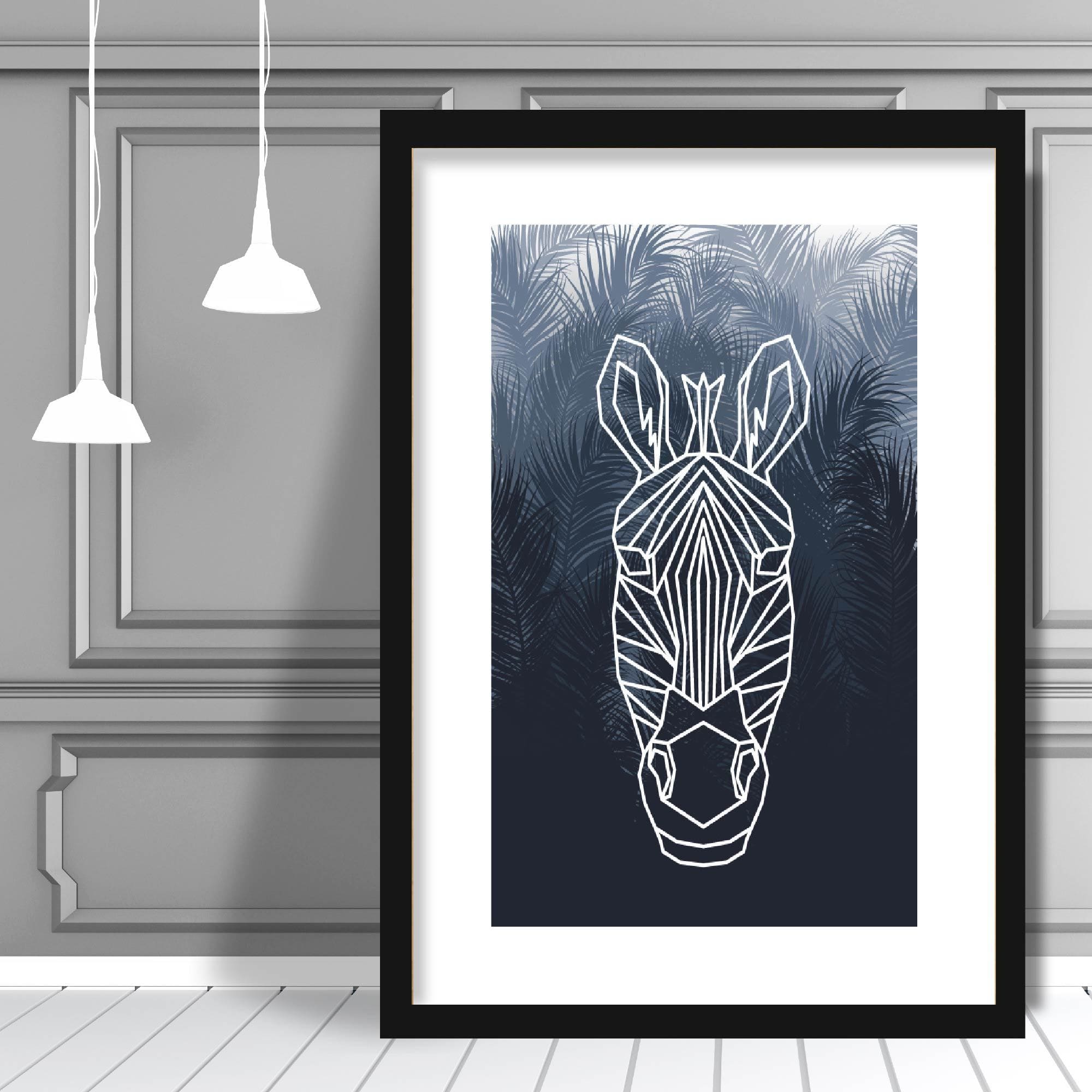 Geometric Zebra Head with Navy Palms Art Print