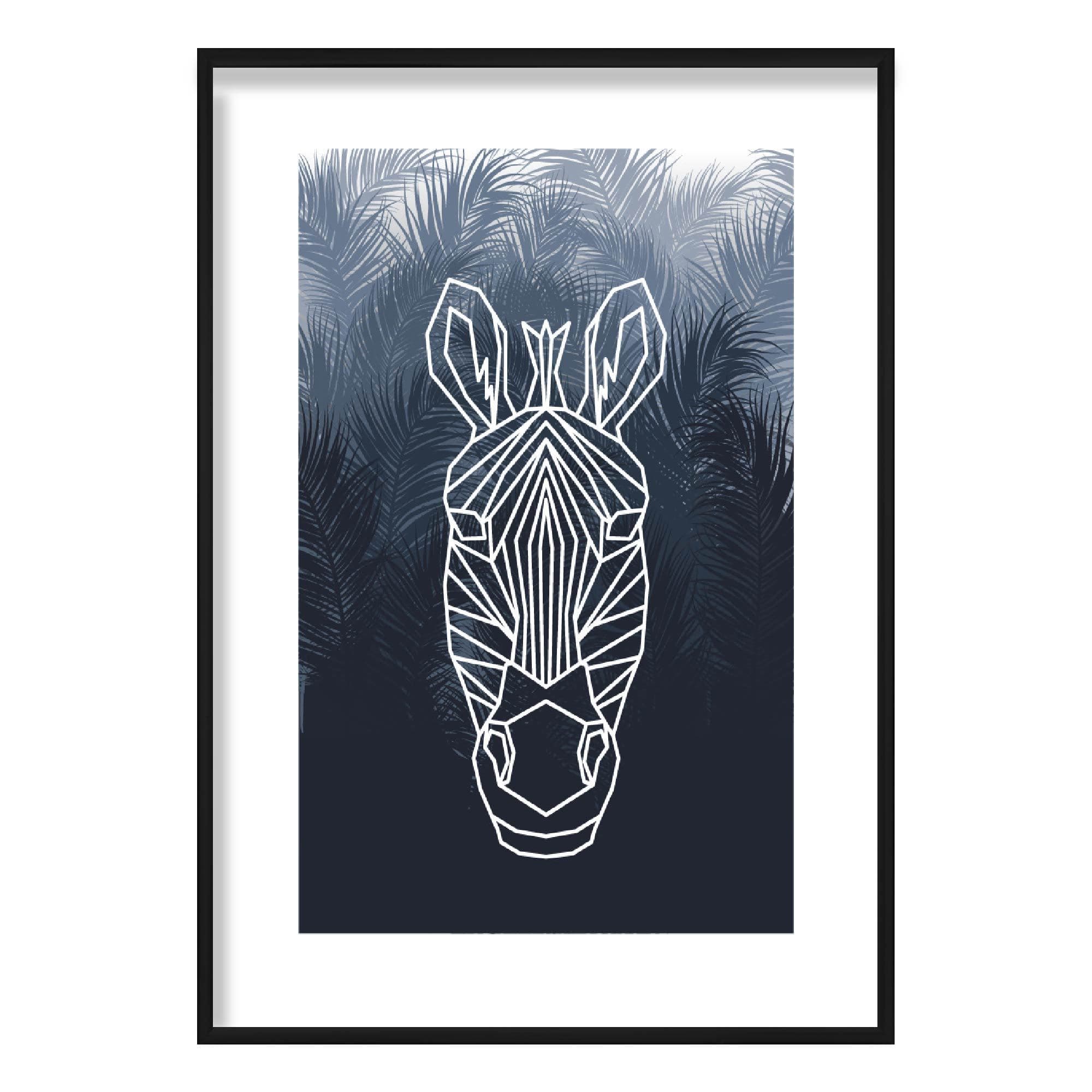 Geometric Zebra Head with Navy Palms Art Print