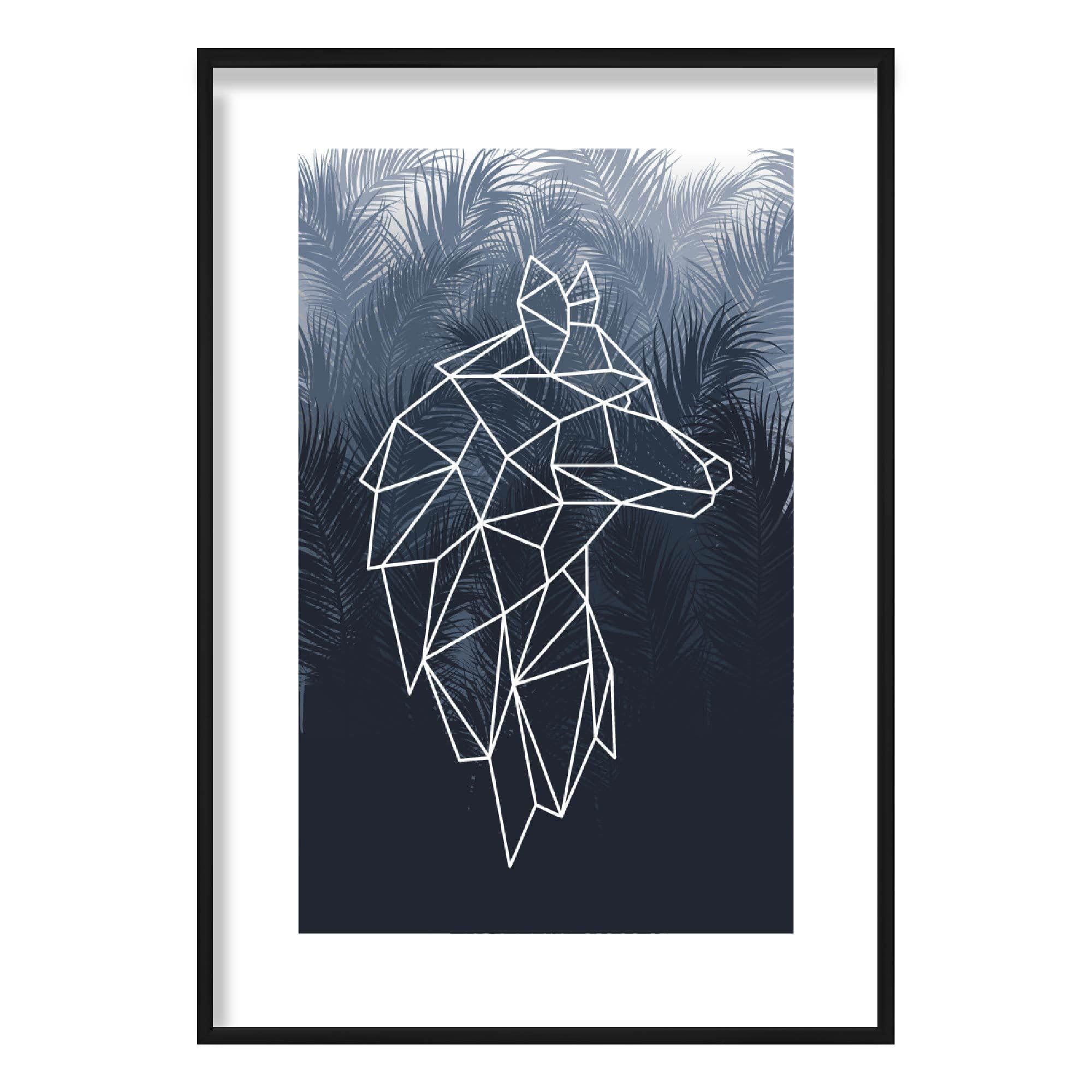Geometric Wolf Head with Navy Palms Art Print