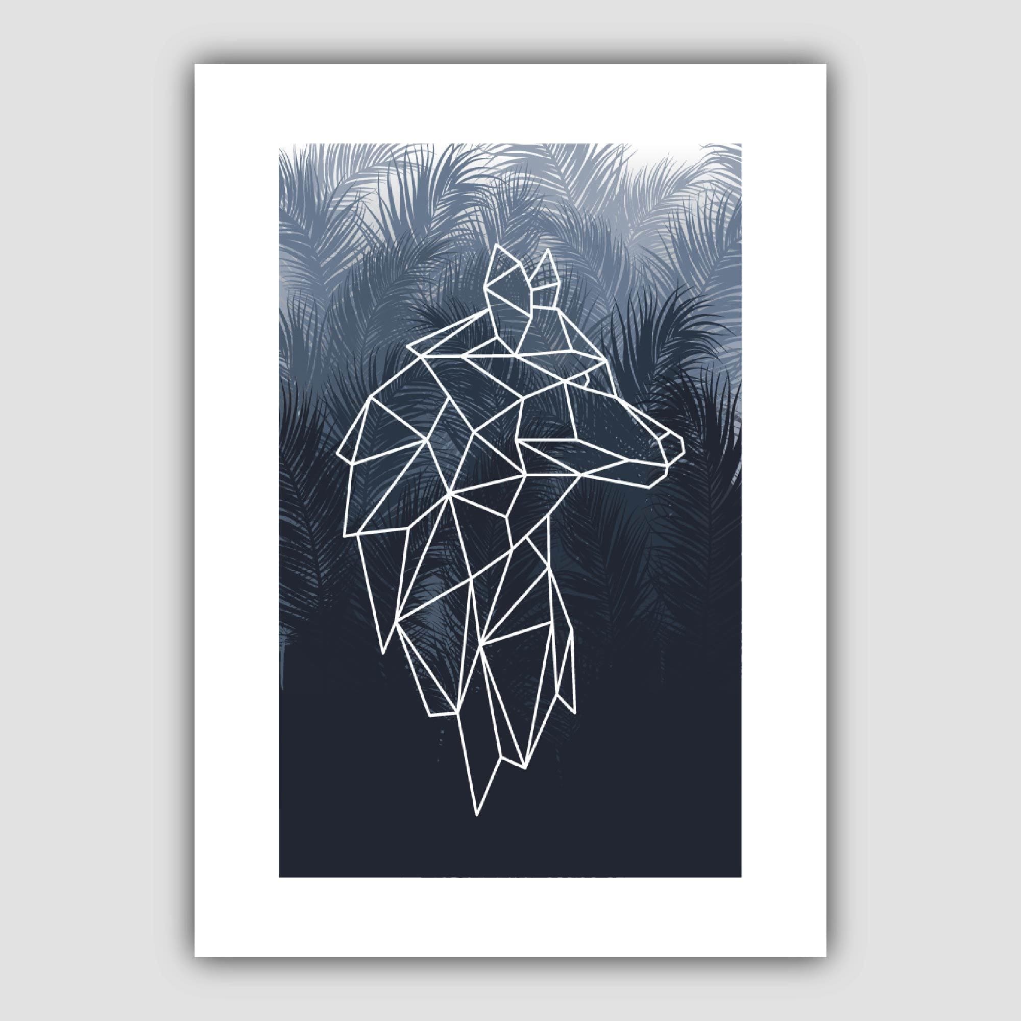 Geometric Wolf Head with Navy Palms Art Print