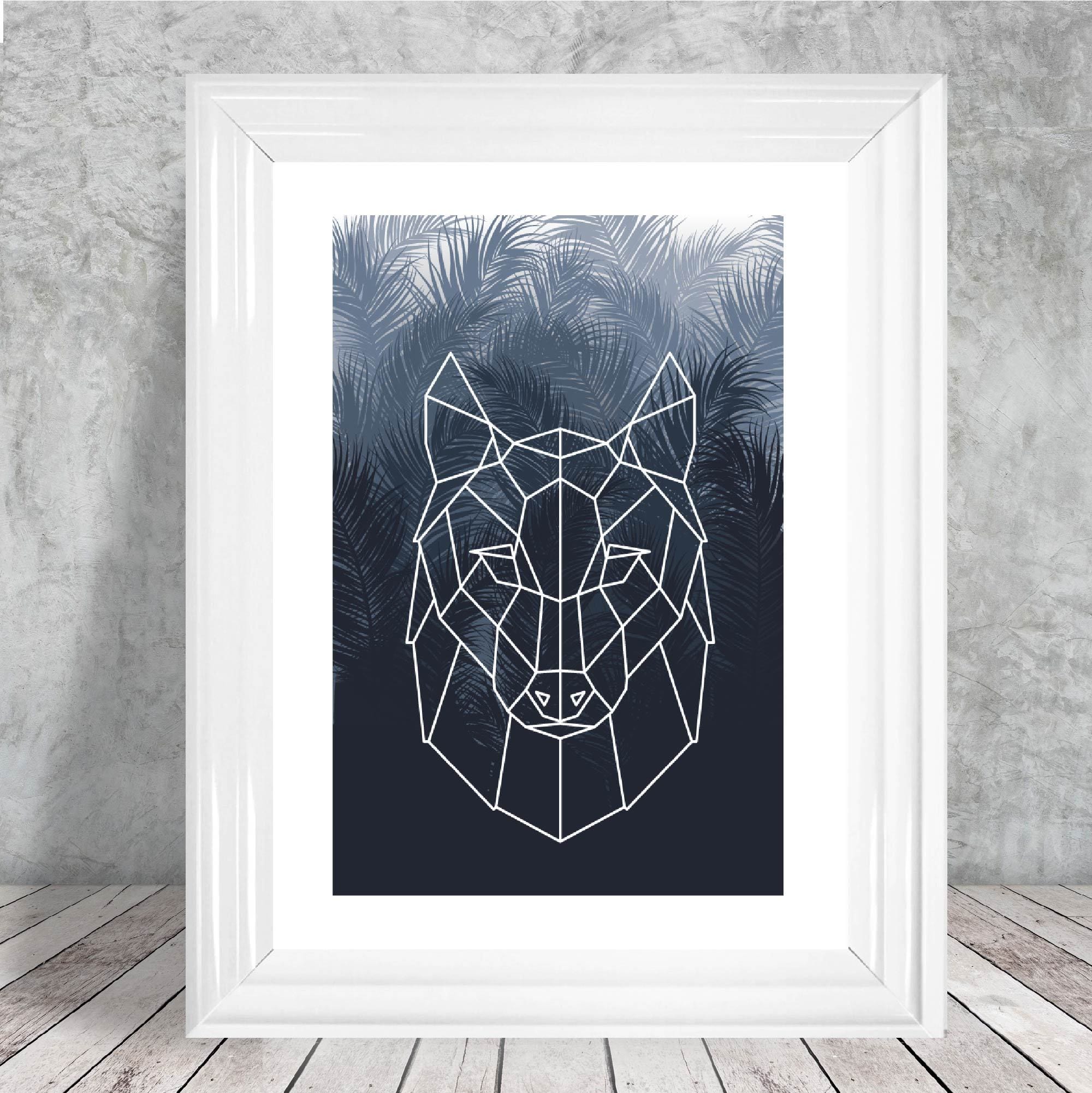 Geometric Wolf Face with Navy Palms Art Print