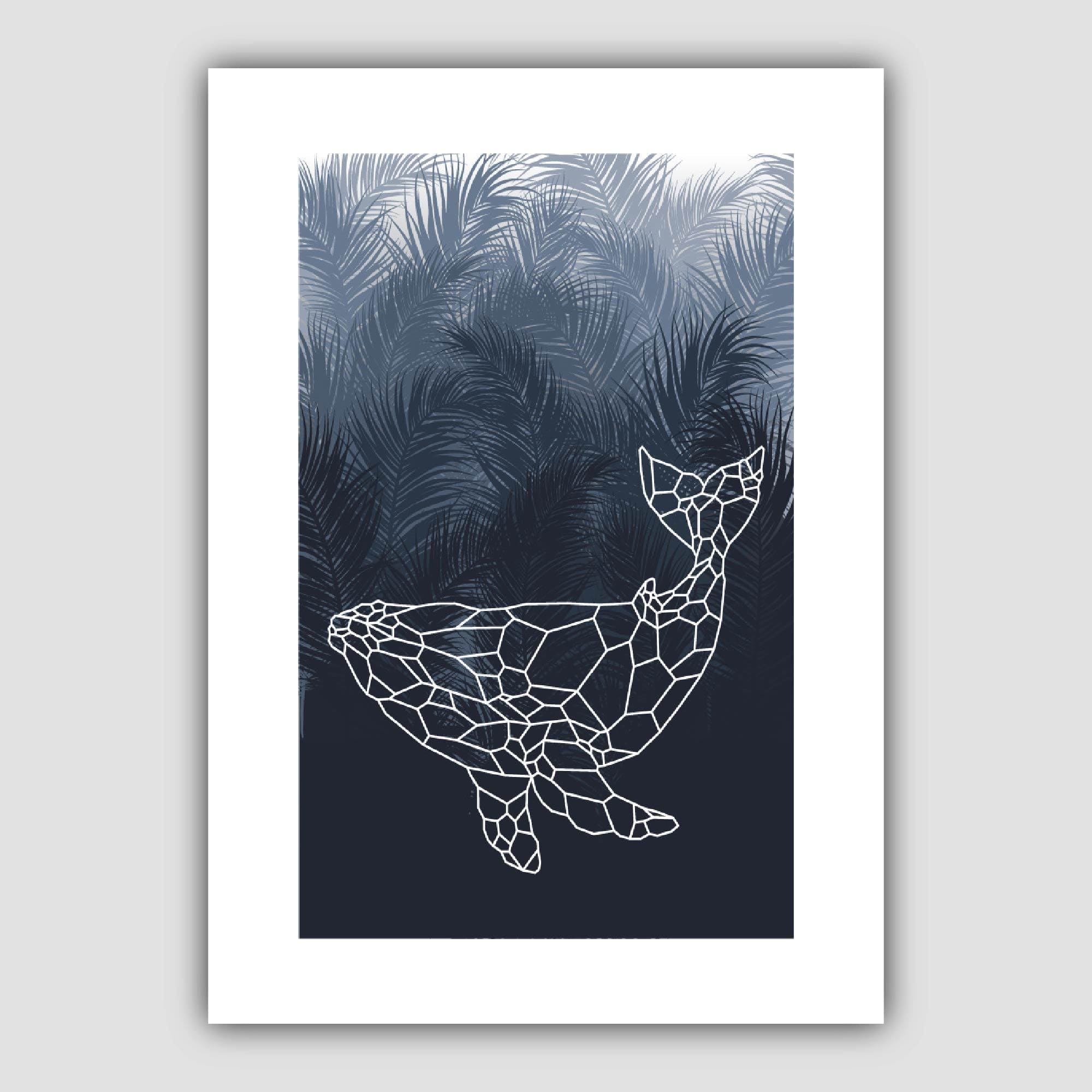 Geometric Whale with Navy Palms Art Print