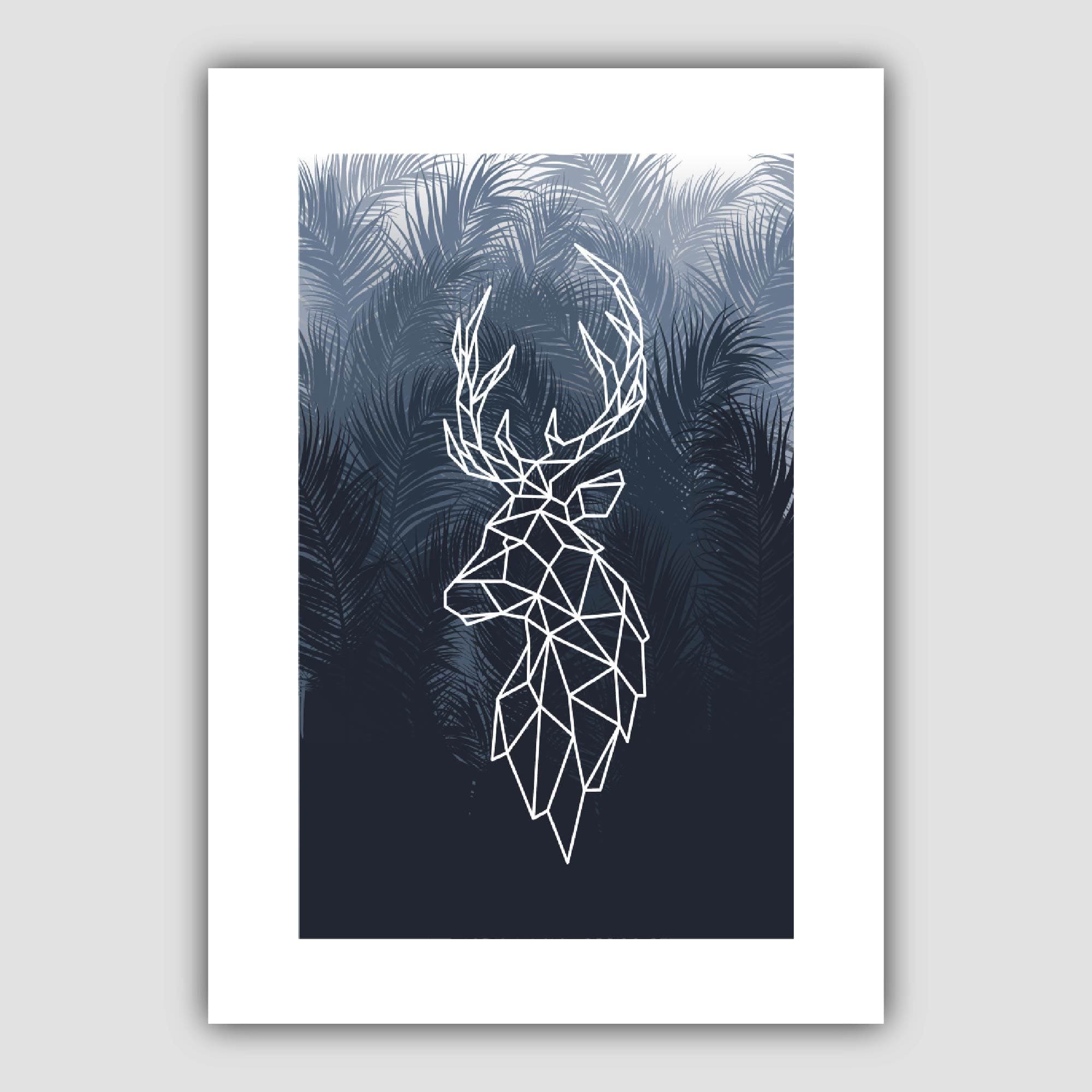 Geometric Reindeer with Navy Palms Art Print