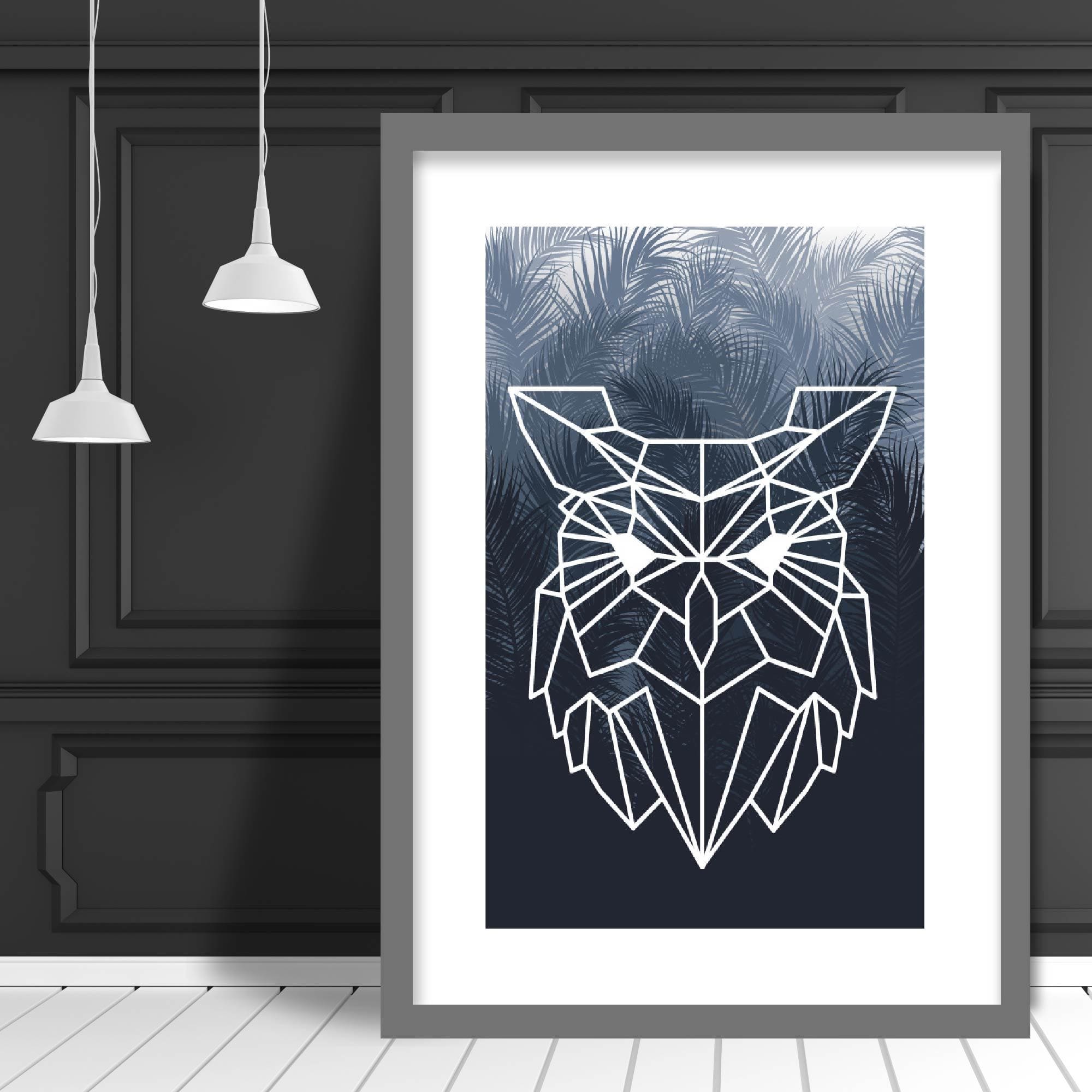 Geometric Owl Face with Navy Palms Art Print