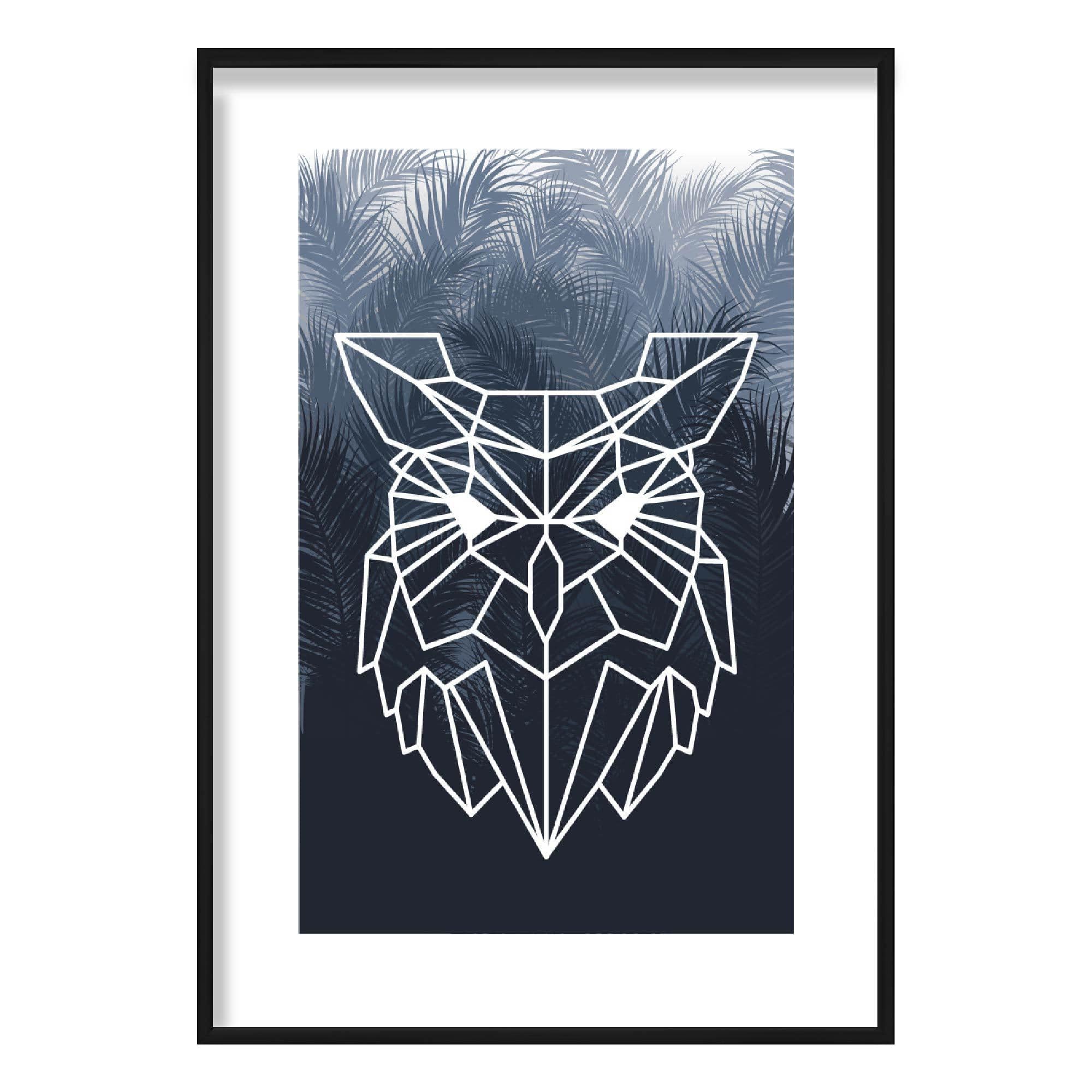 Geometric Owl Face with Navy Palms Art Print
