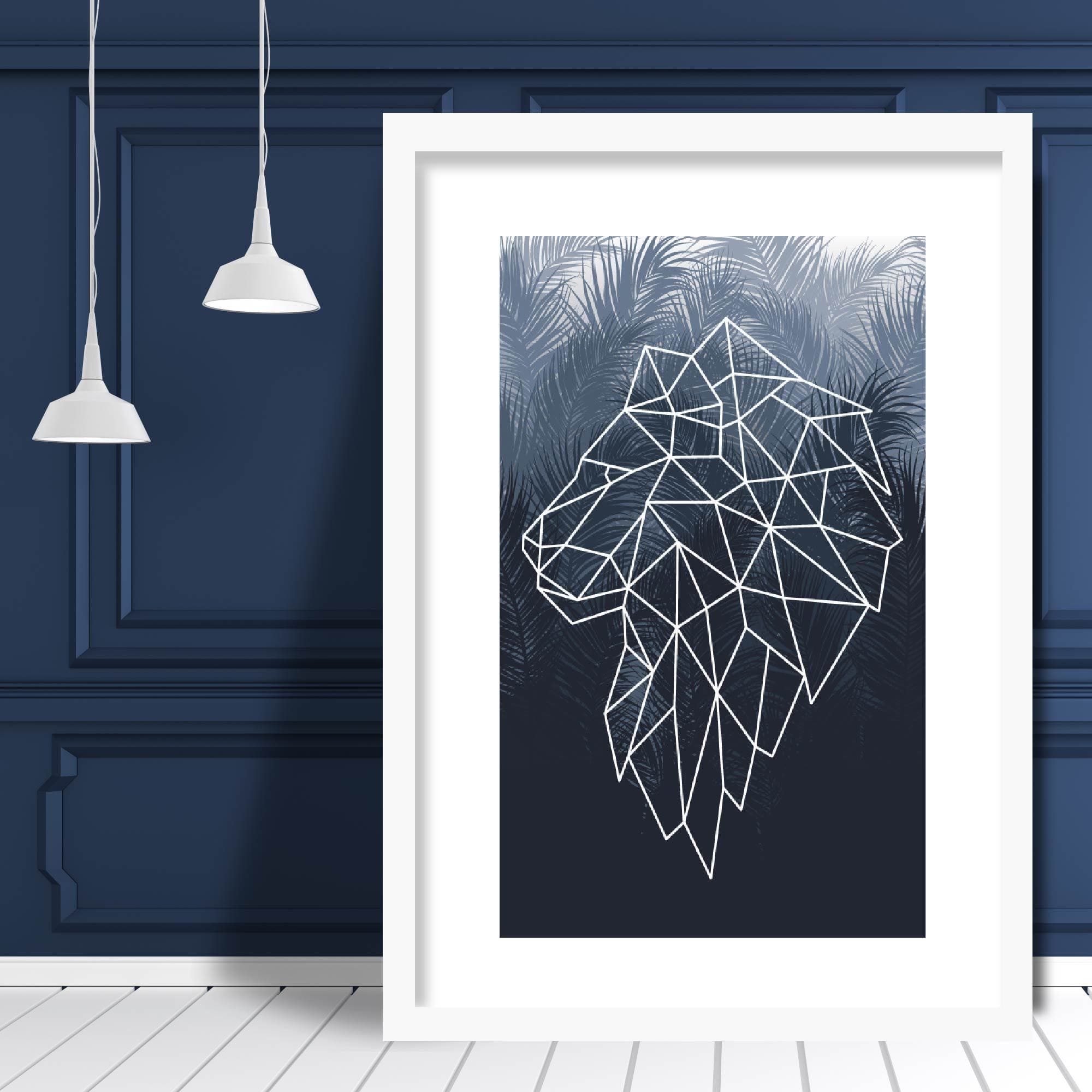 Geometric Lion Head with Navy Palms Art Print