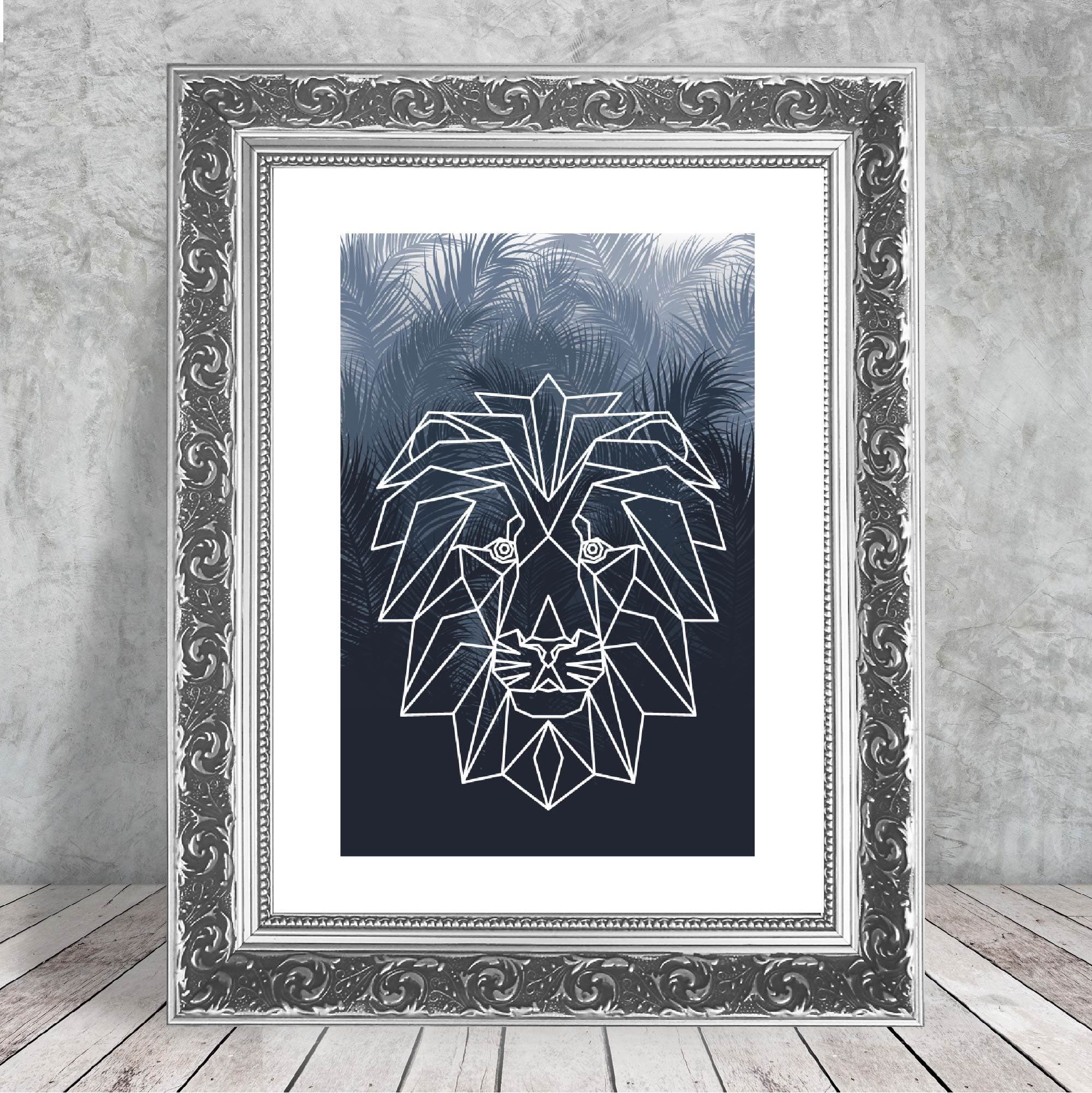 Geometric Lion Face with Navy Palms Art Print