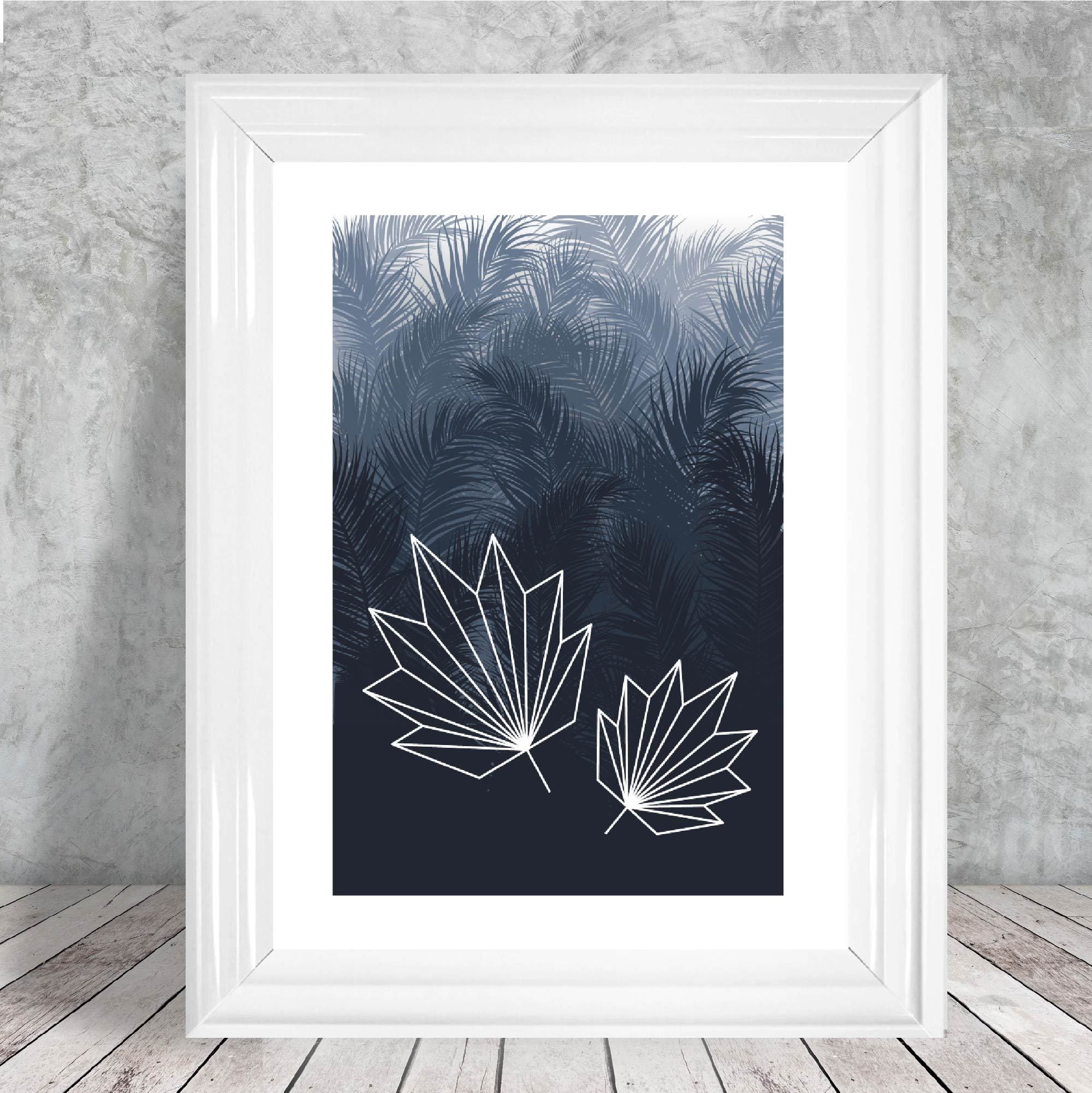 Geometric Fern Leaf with Navy Palms Art Print
