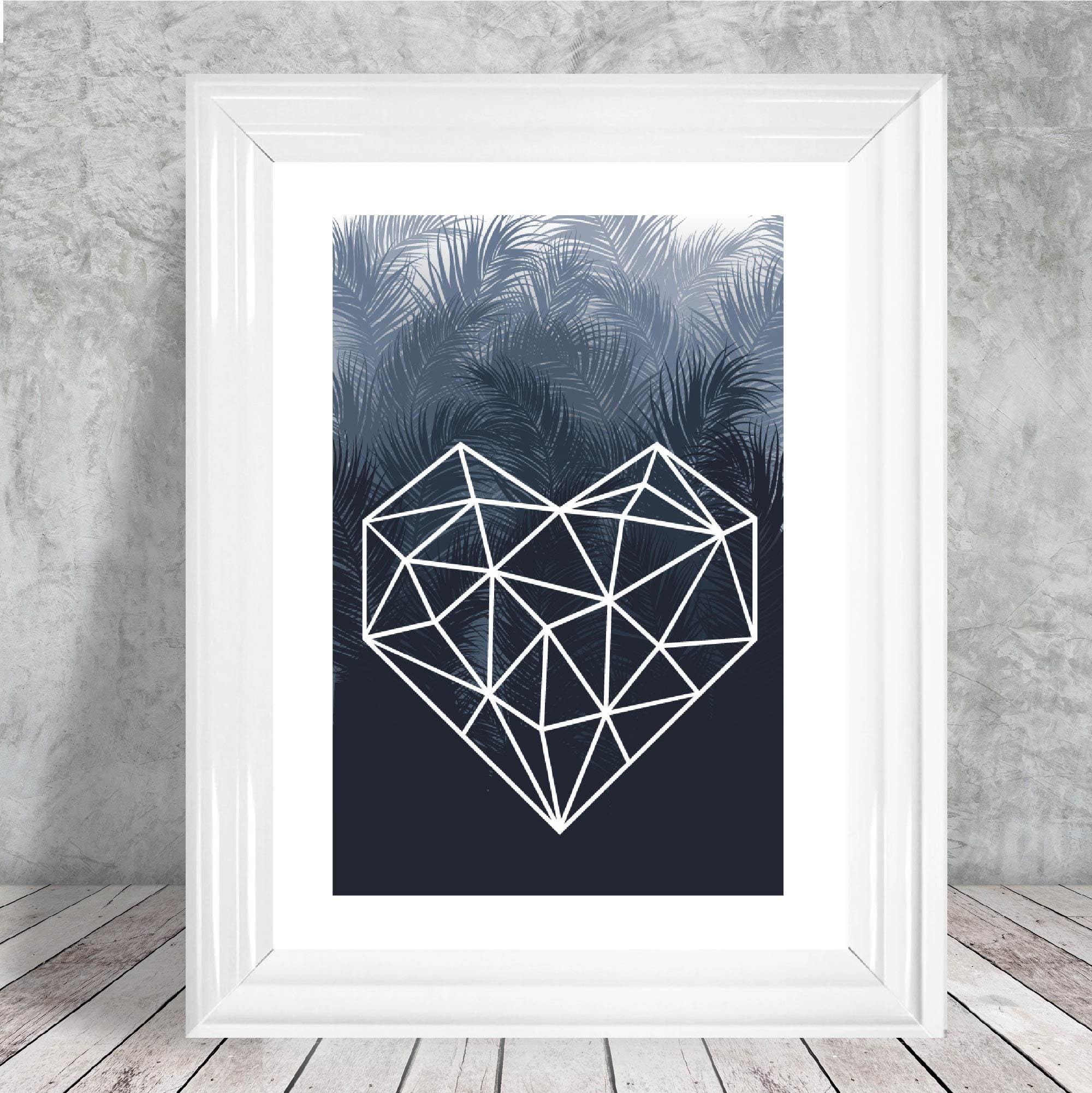 Geometric Love Heart with Navy Palms Art Print