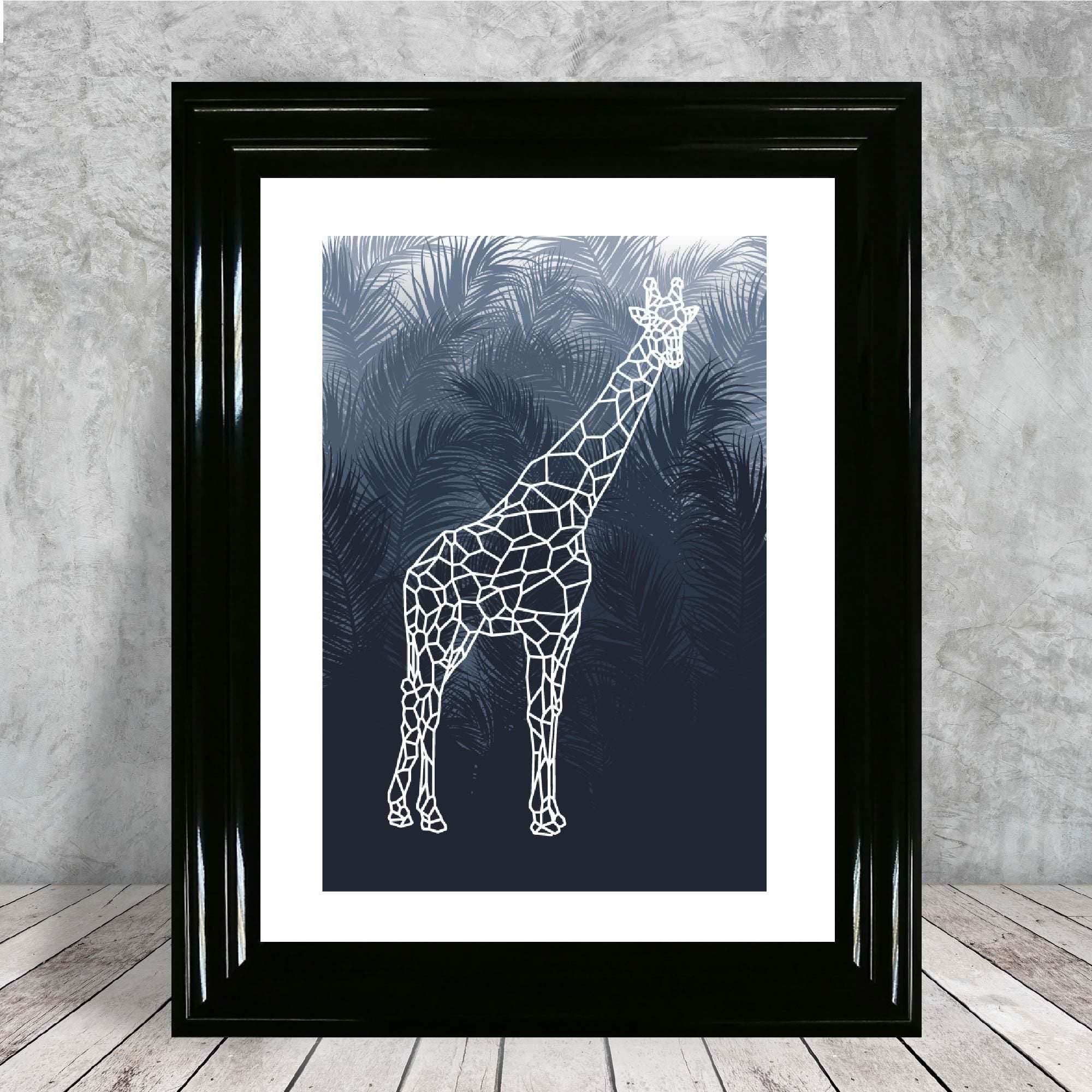 Geometric Giraffe with Navy Palms Art Print