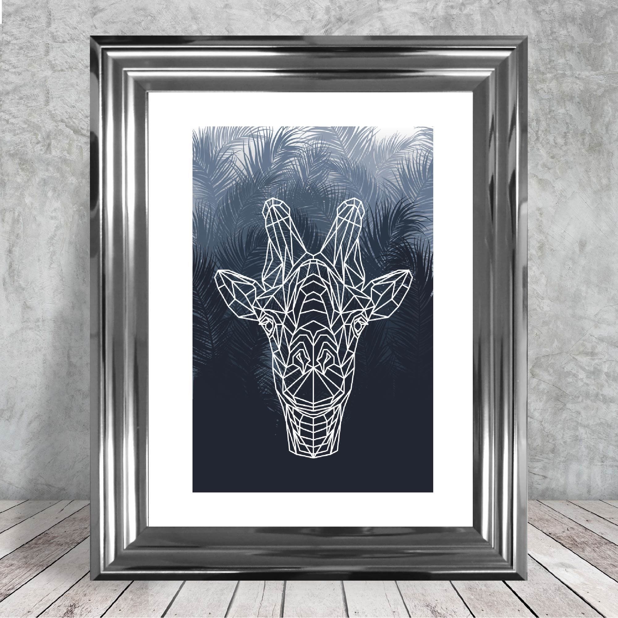 Geometric Giraffe Head with Navy Palms Art Print