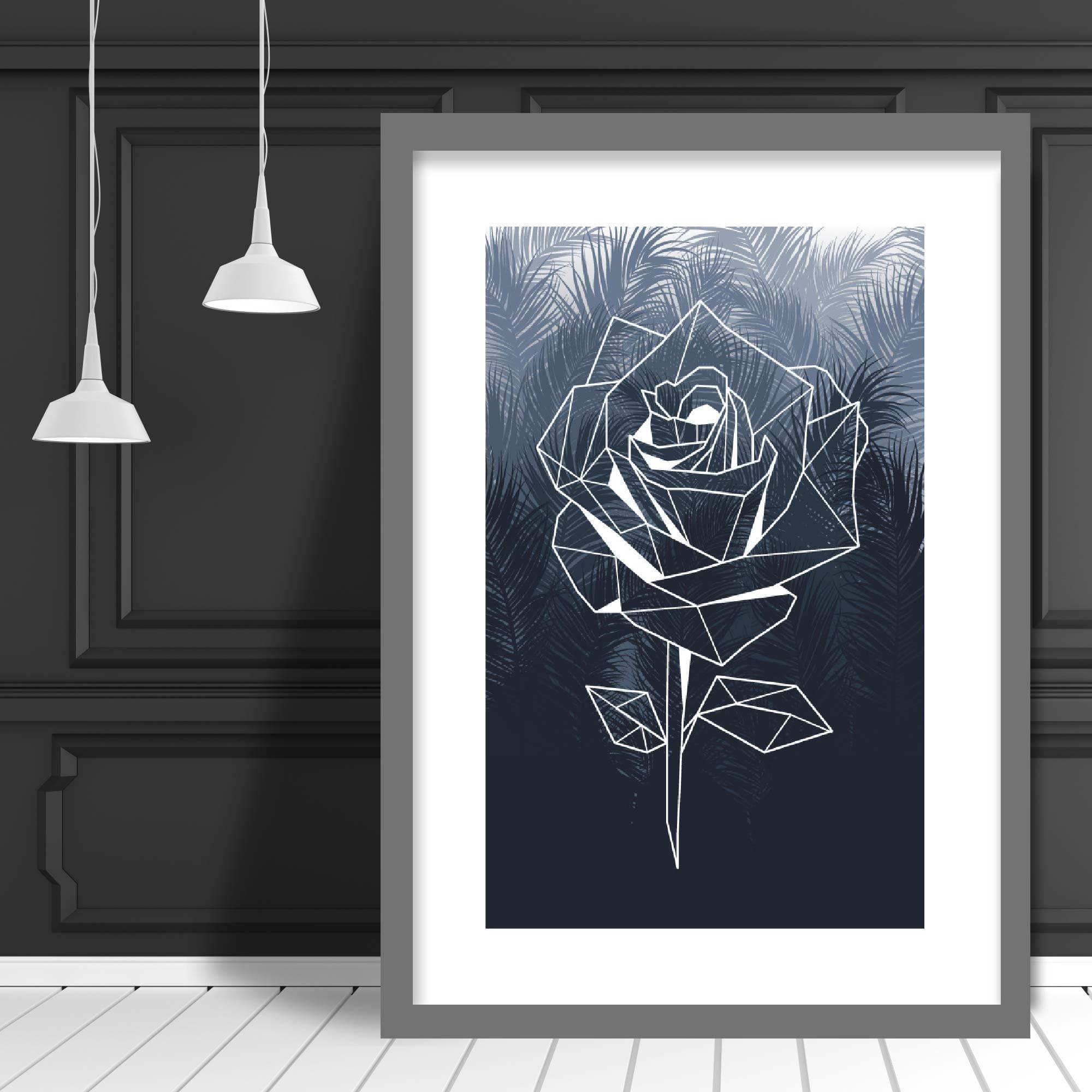 Geometric Floral Rose with Navy Palms Art Print
