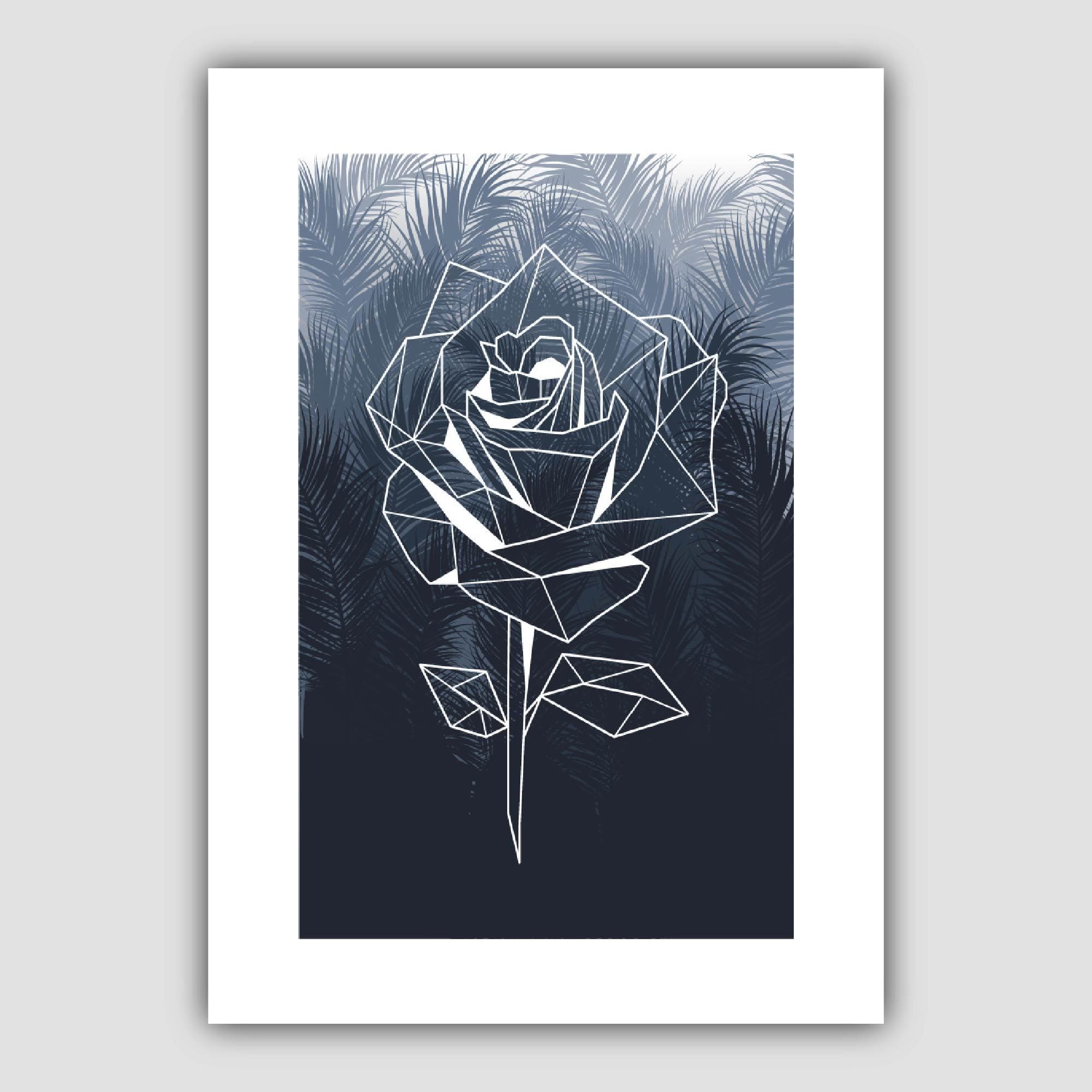 Geometric Floral Rose with Navy Palms Art Print