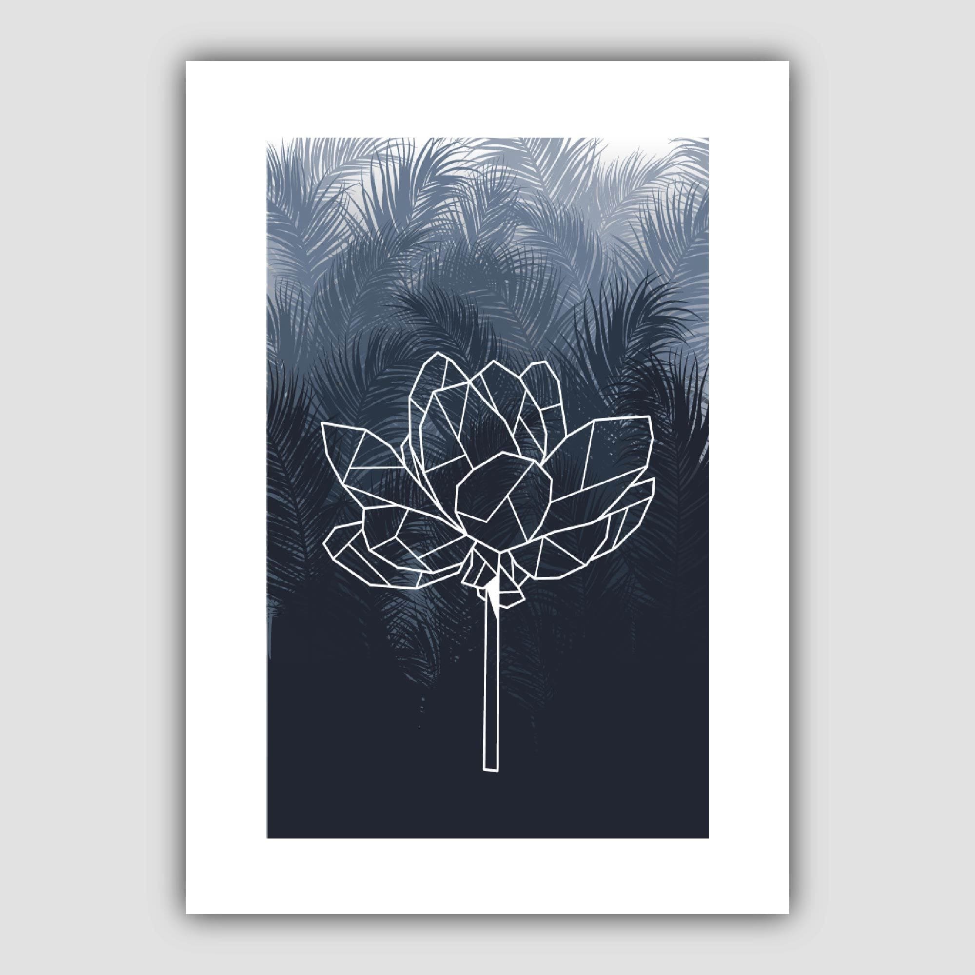 Geometric Peony Floral with Navy Palms Art Print