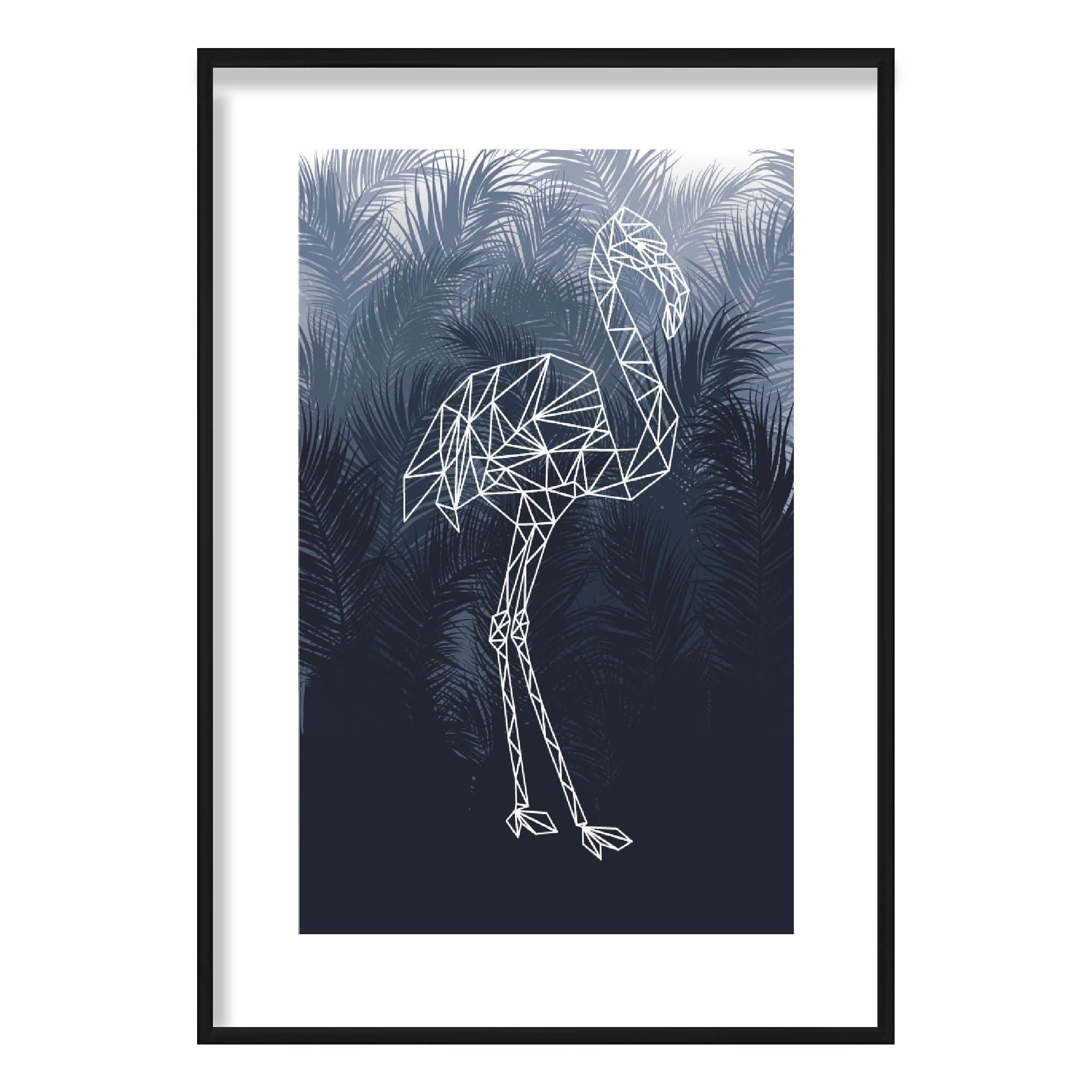 Geometric Flamingo Bird with Navy Palms Art Print