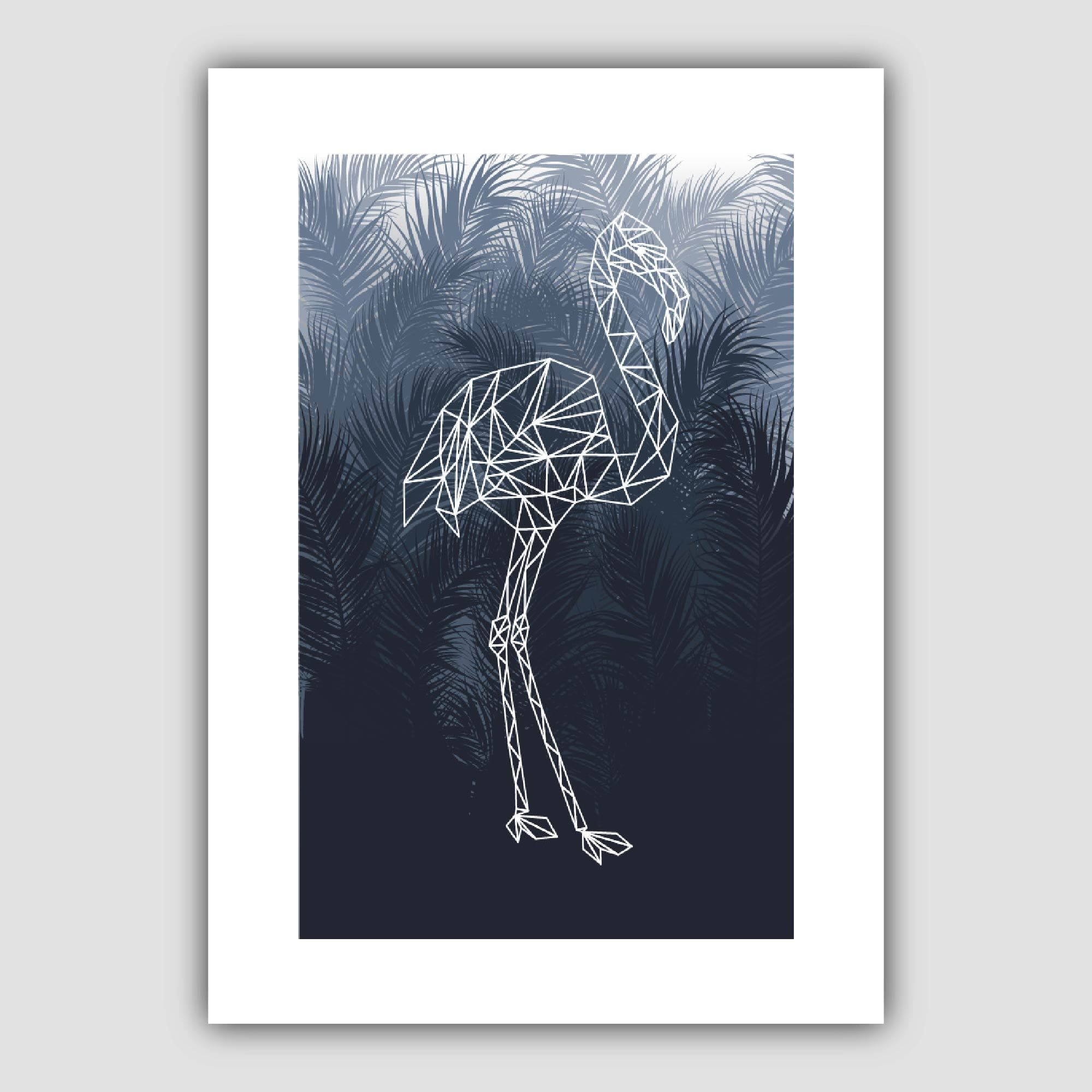 Geometric Flamingo Bird with Navy Palms Art Print