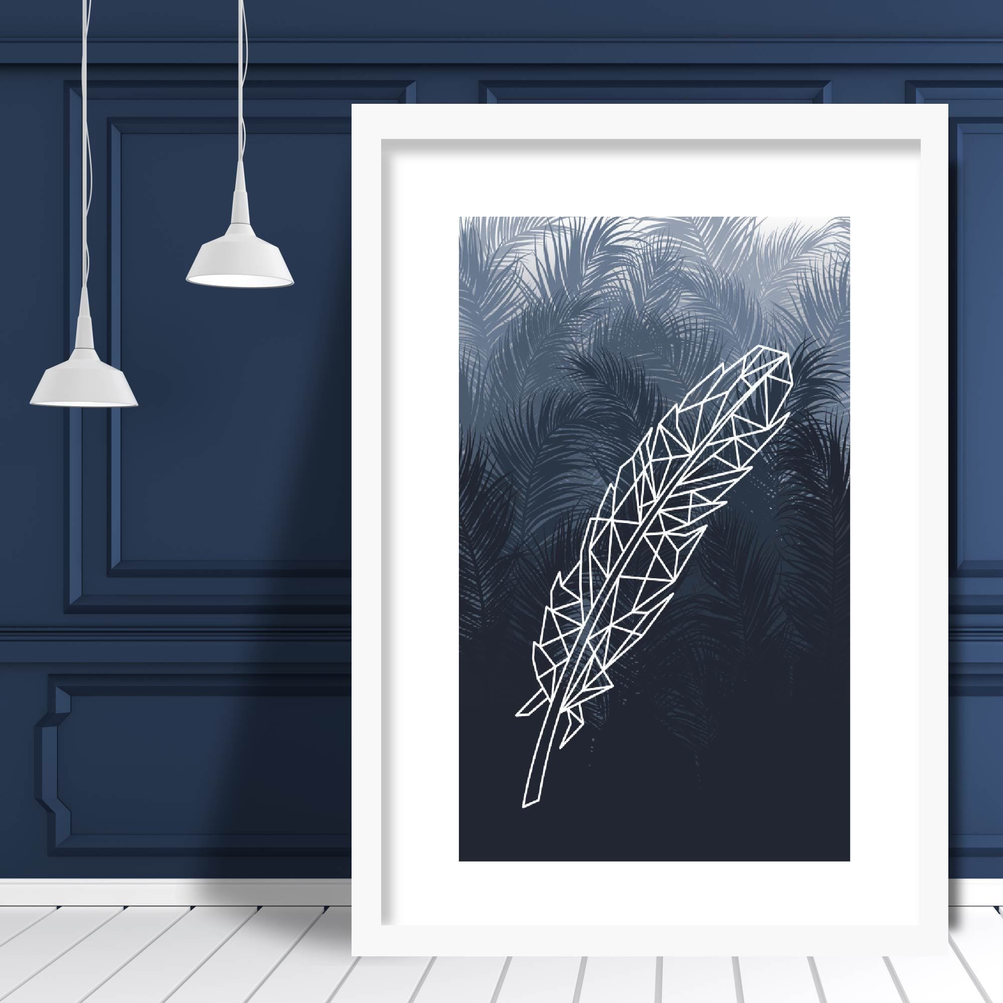Geometric Feather with Navy Palms Art Print
