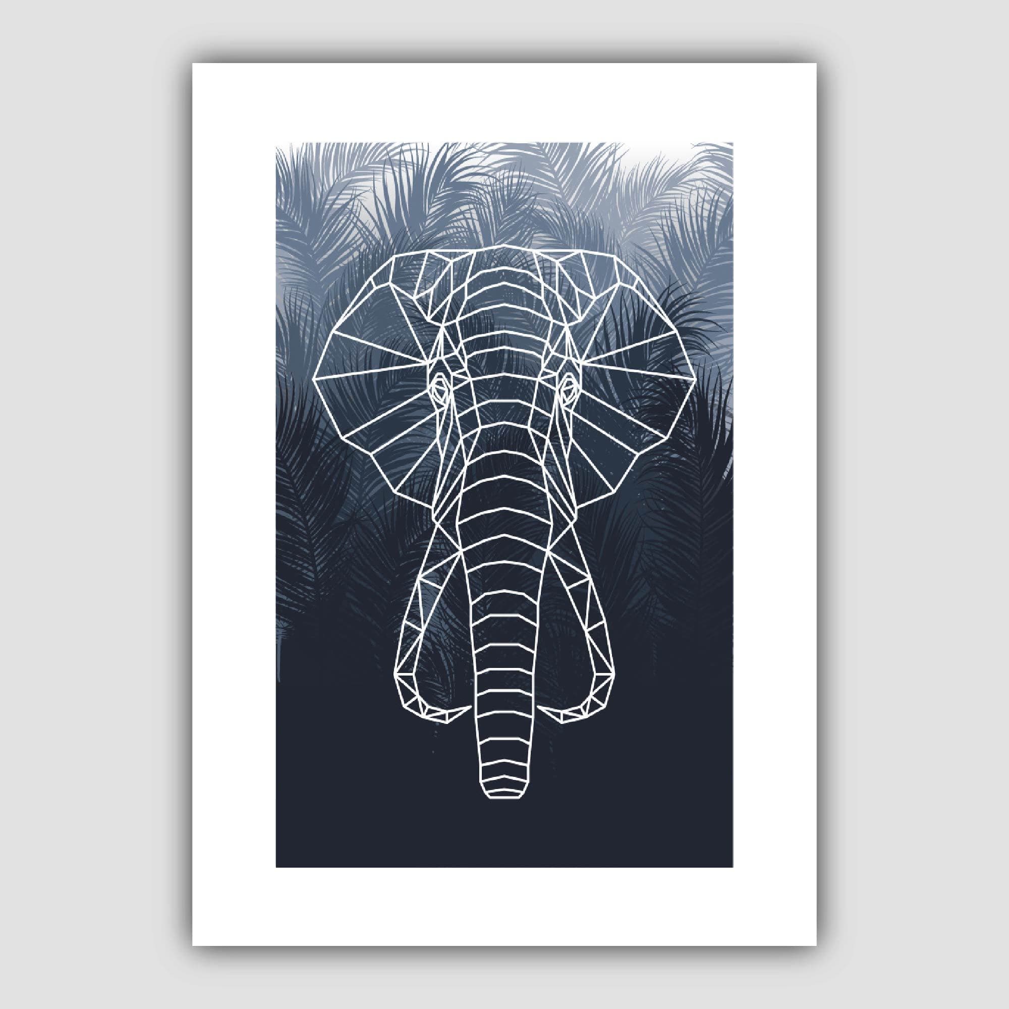 Geometric Elephant Head with Navy Palms Art Print