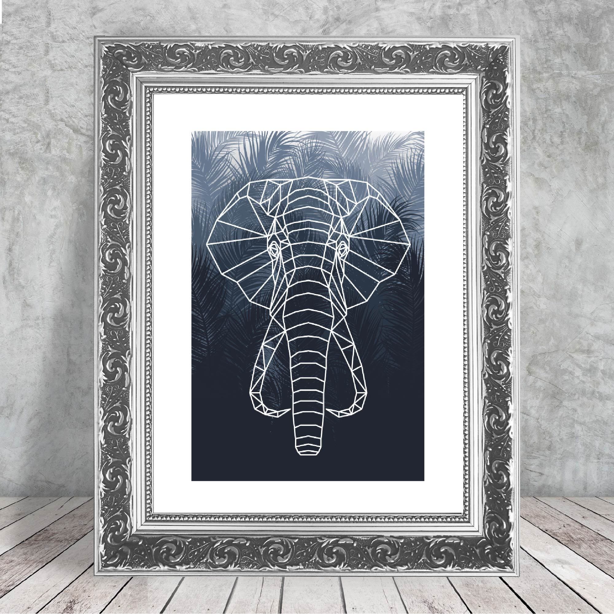 Geometric Elephant Head with Navy Palms Art Print