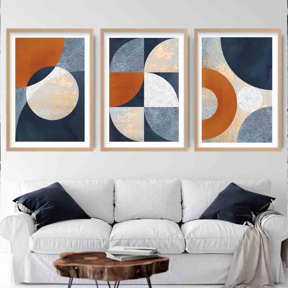 GEOMETRIC set of 3 Navy Blue Orange and Gold Art Prints Abstract Textured Circles