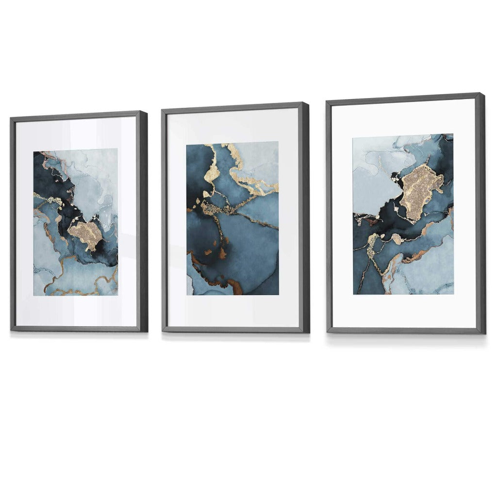 Teal and Gold Abstract Marble Wall Art prints with picture Mount and Dark Grey Frames