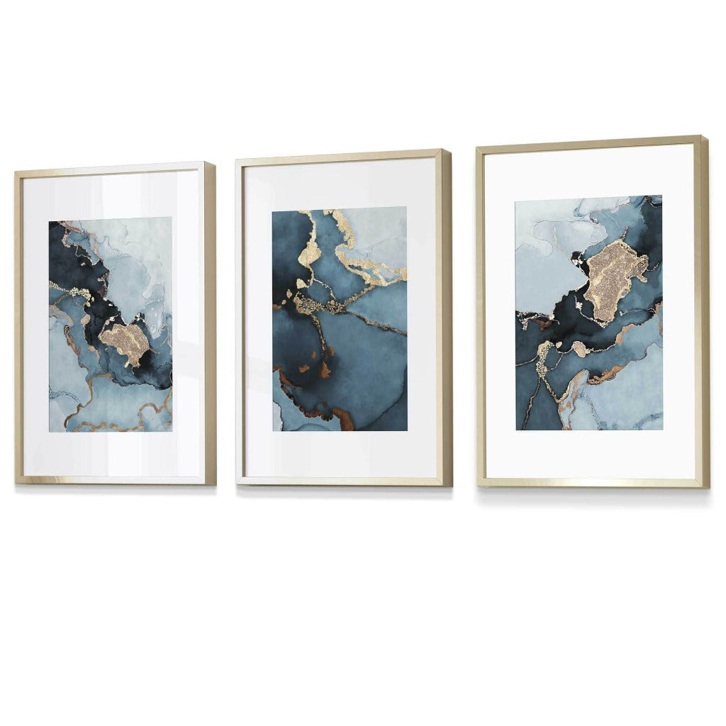 Set of 3 Abstract Teal Blue and Gold Framed Wall Art Prints | Artze Wall Art UK