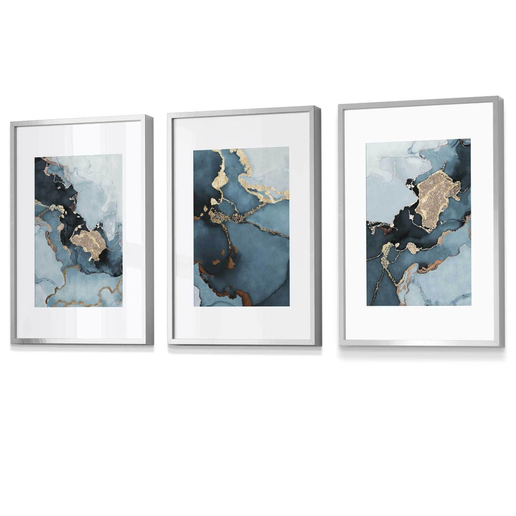 Teal and Gold Abstract Marble Wall Art prints with picture Mount and Silver Frames