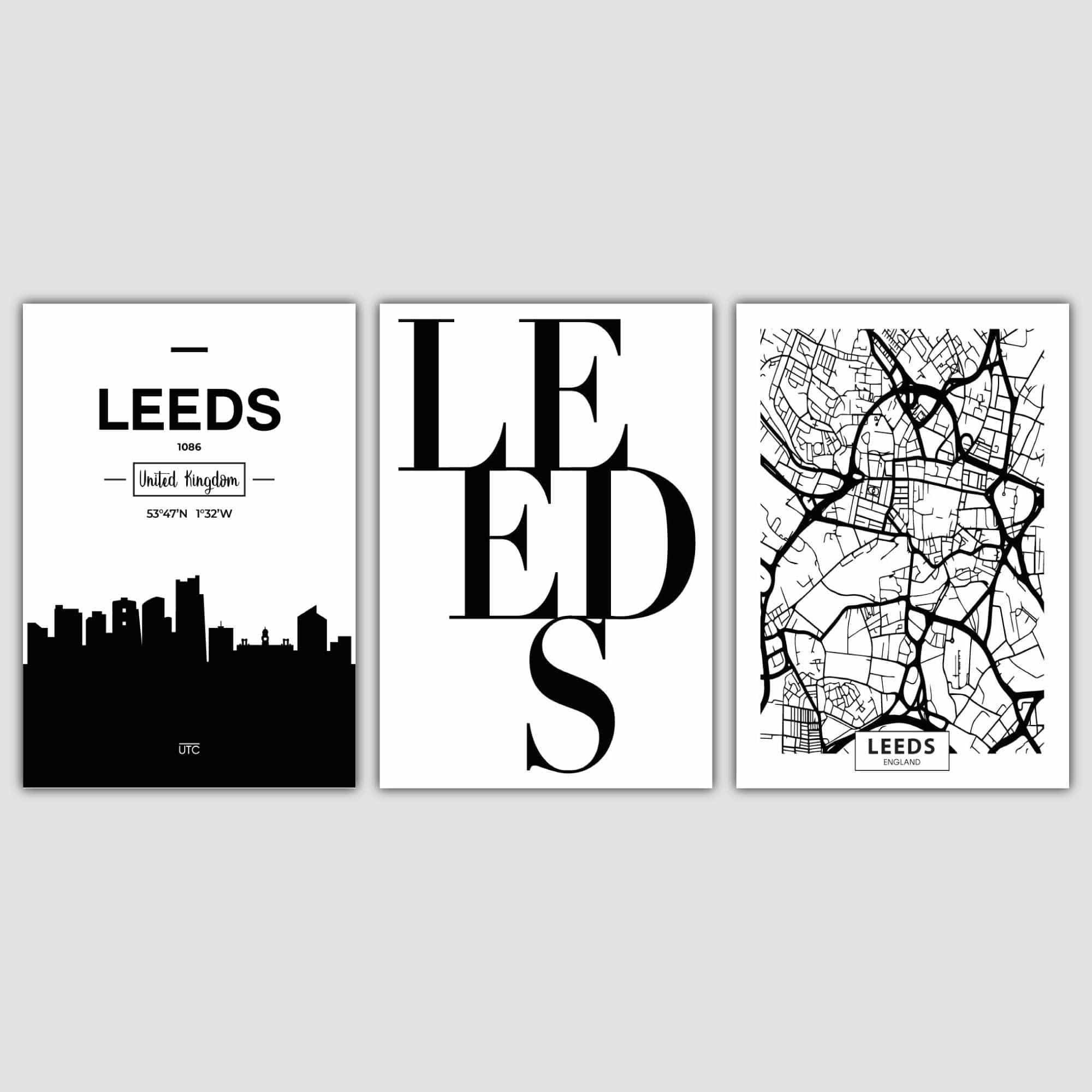 Set of 3 LEEDS Skyline Street map City Prints