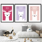 Set of 3 Nursery Animals Pink and Lilac Art Prints